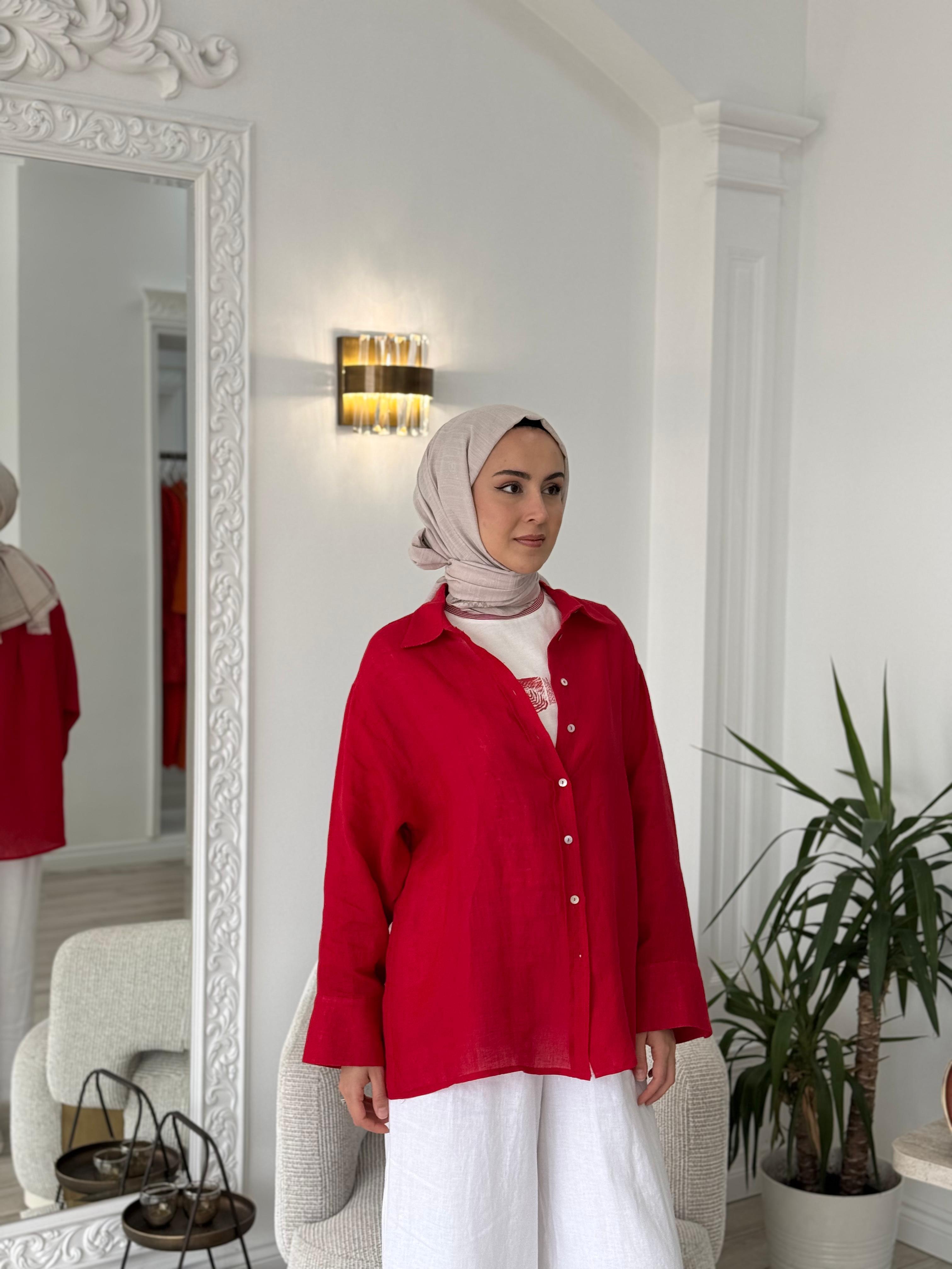 QOOQ Lin Gömlek Kırmızı 25ss212