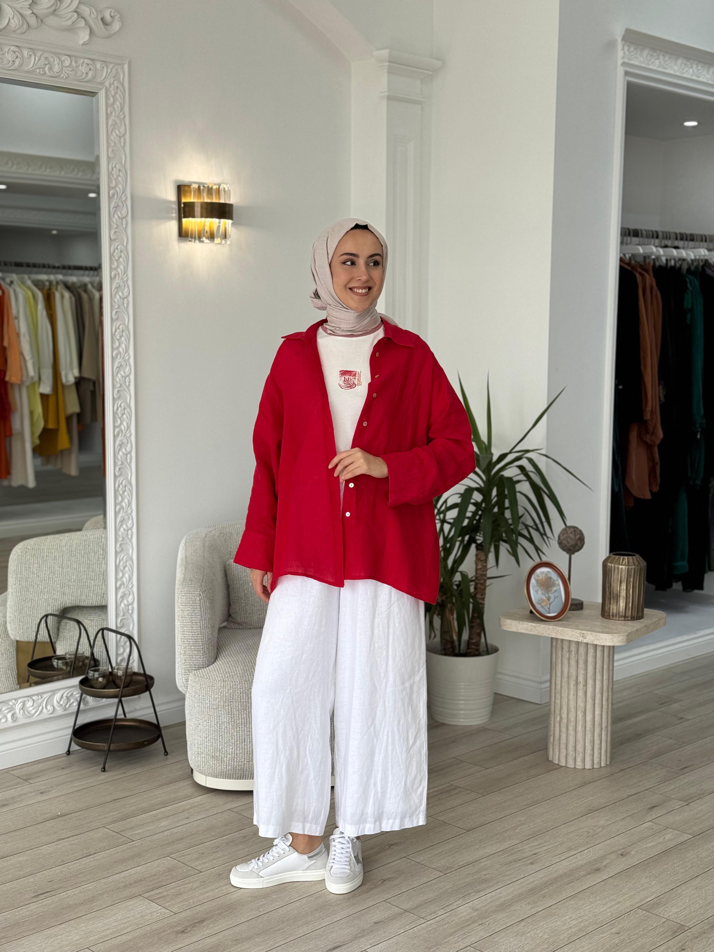 QOOQ Lin Gömlek Kırmızı 25ss212