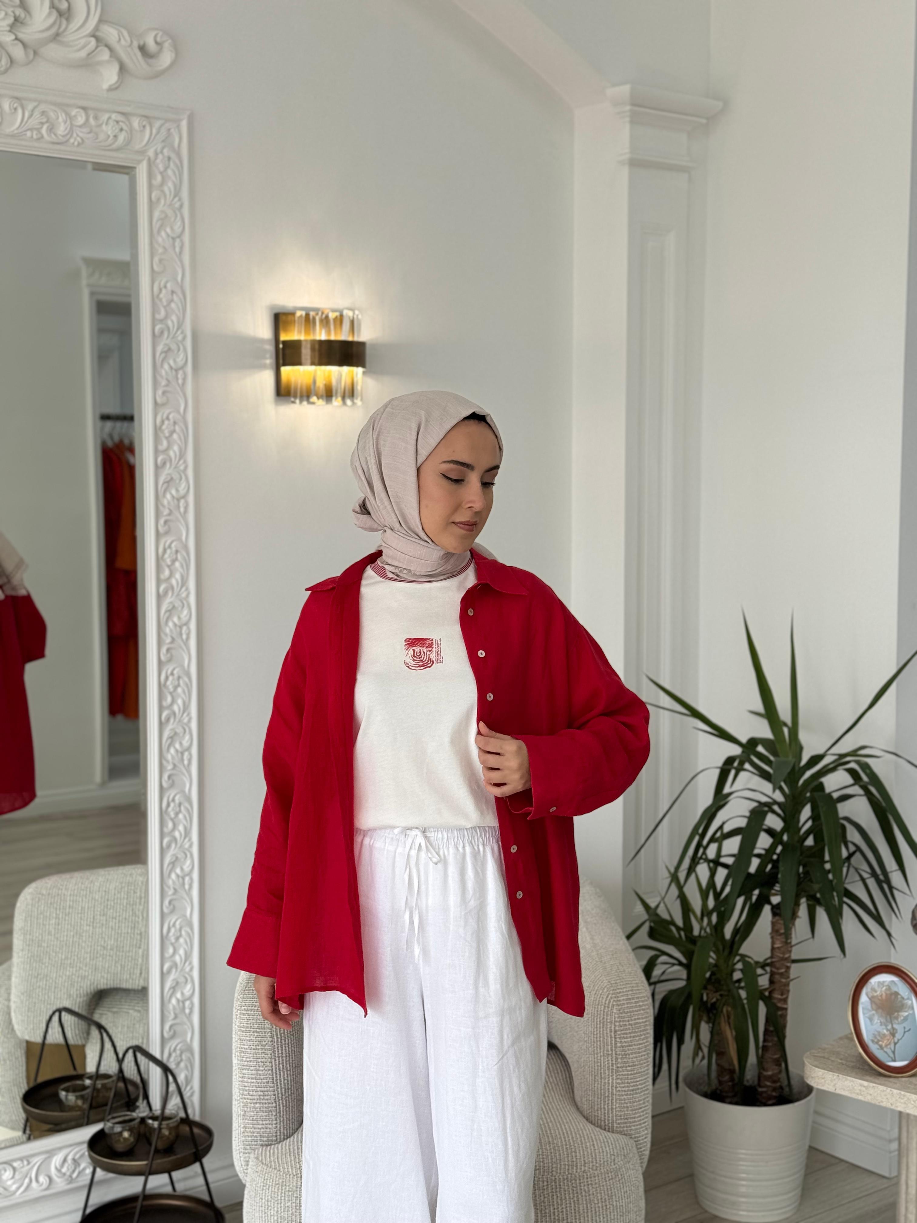 QOOQ Lin Gömlek Kırmızı 25ss212