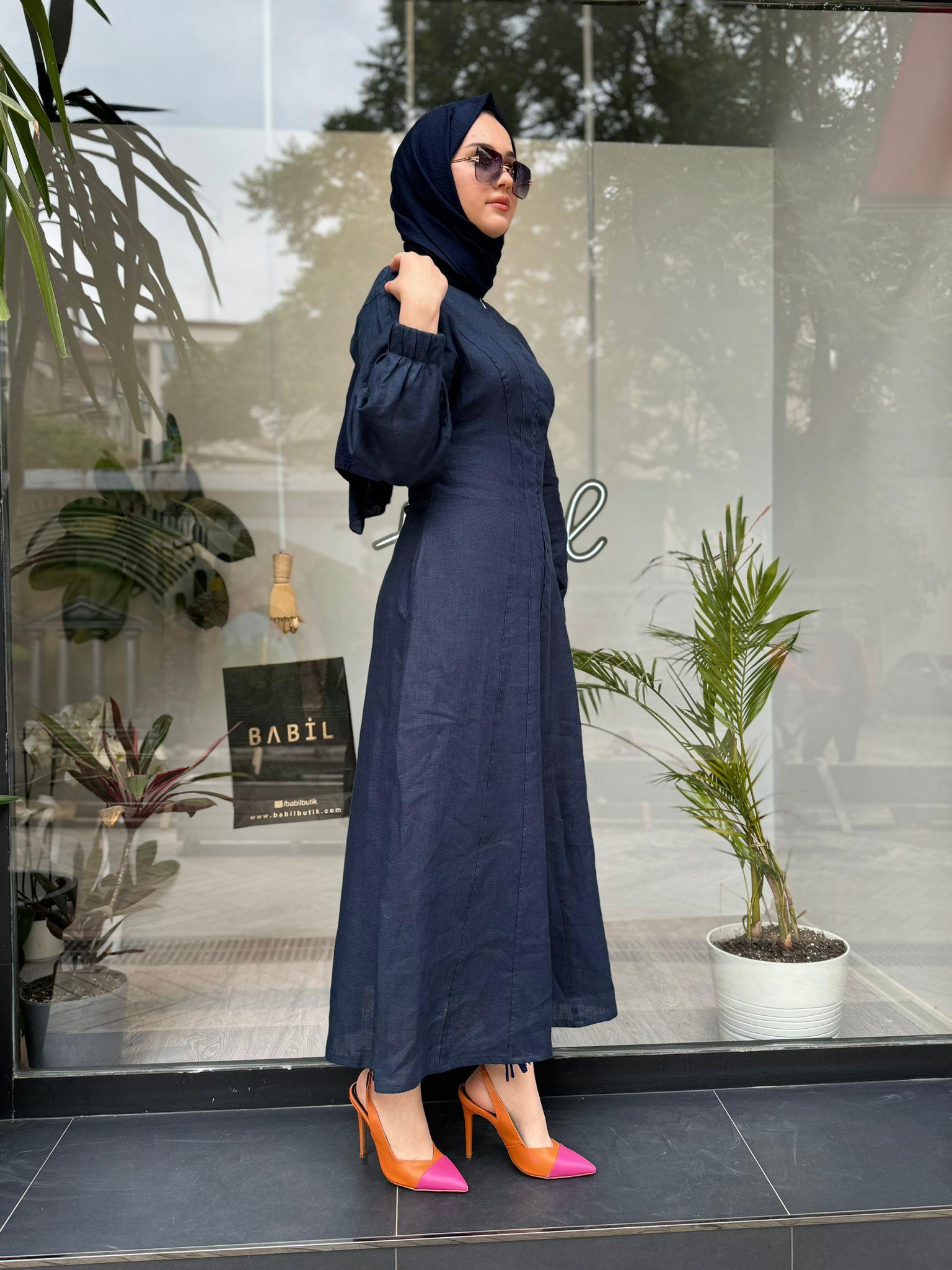 QOOQ Linen Elbise Lacivert 24ss407