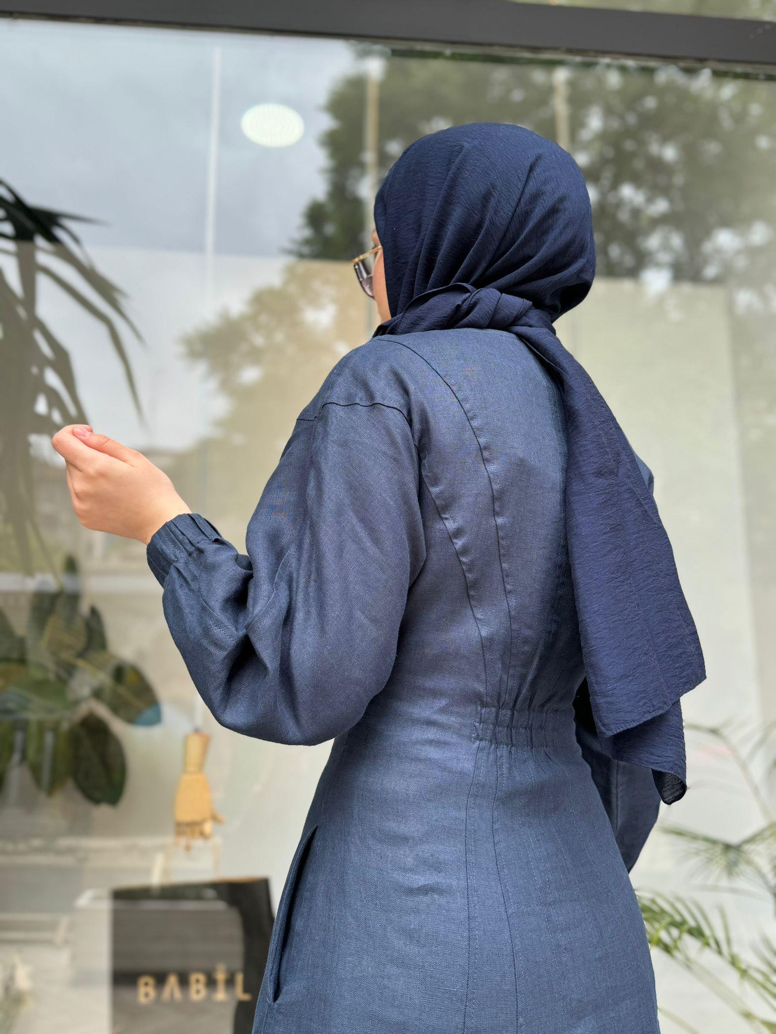 QOOQ Linen Elbise Lacivert 24ss407