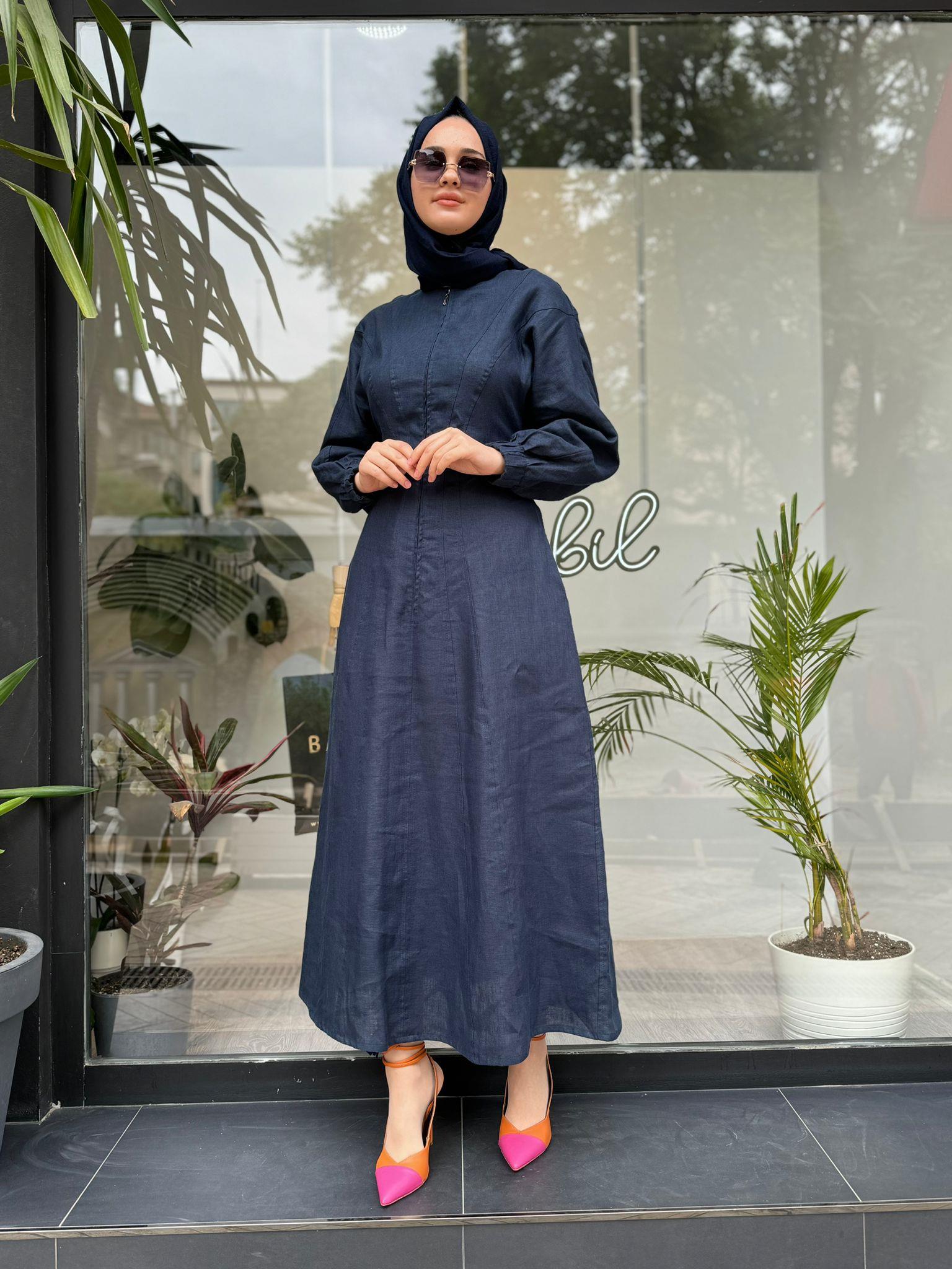 QOOQ Linen Elbise Lacivert 24ss407
