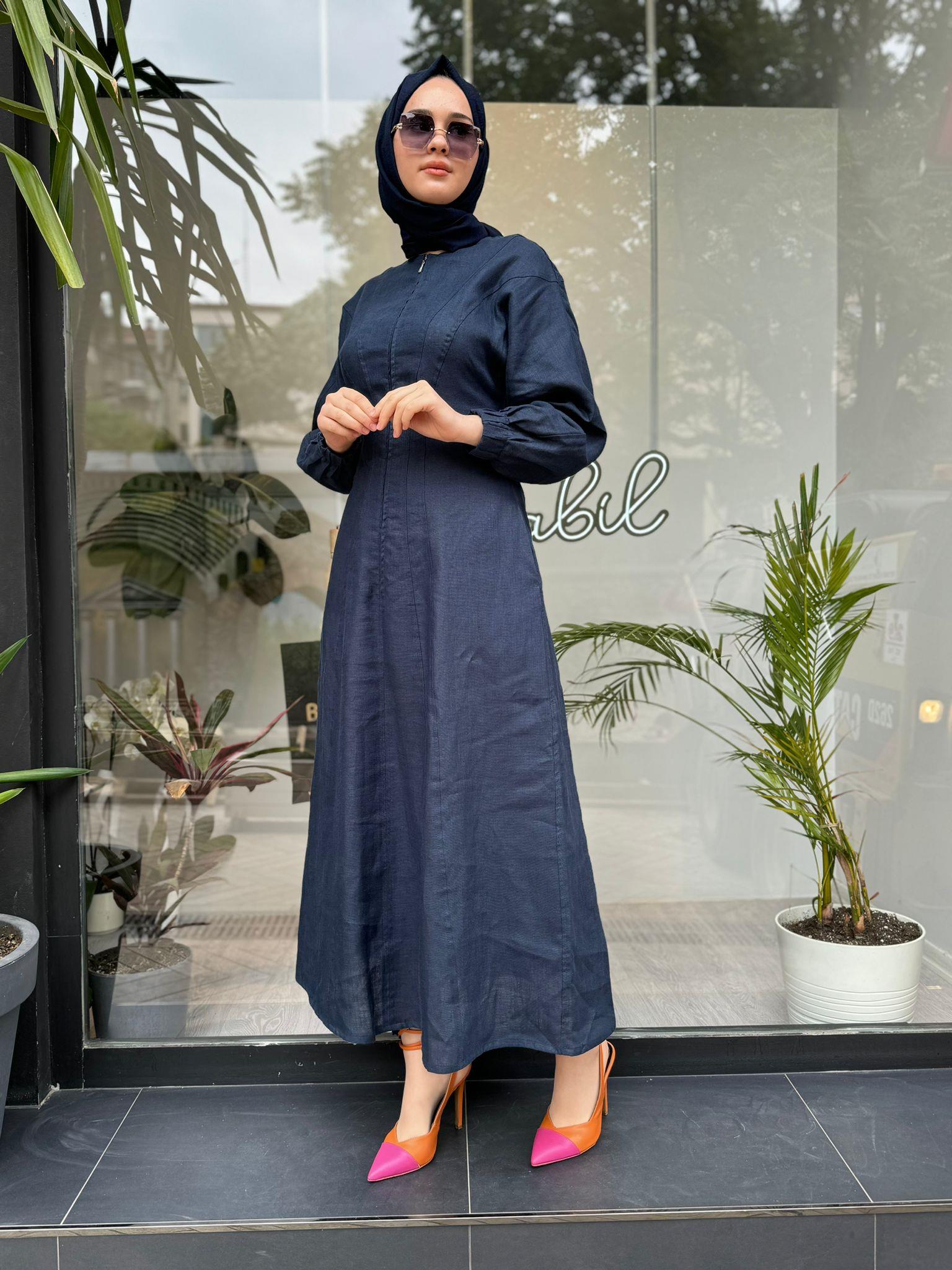QOOQ Linen Elbise Lacivert 24ss407