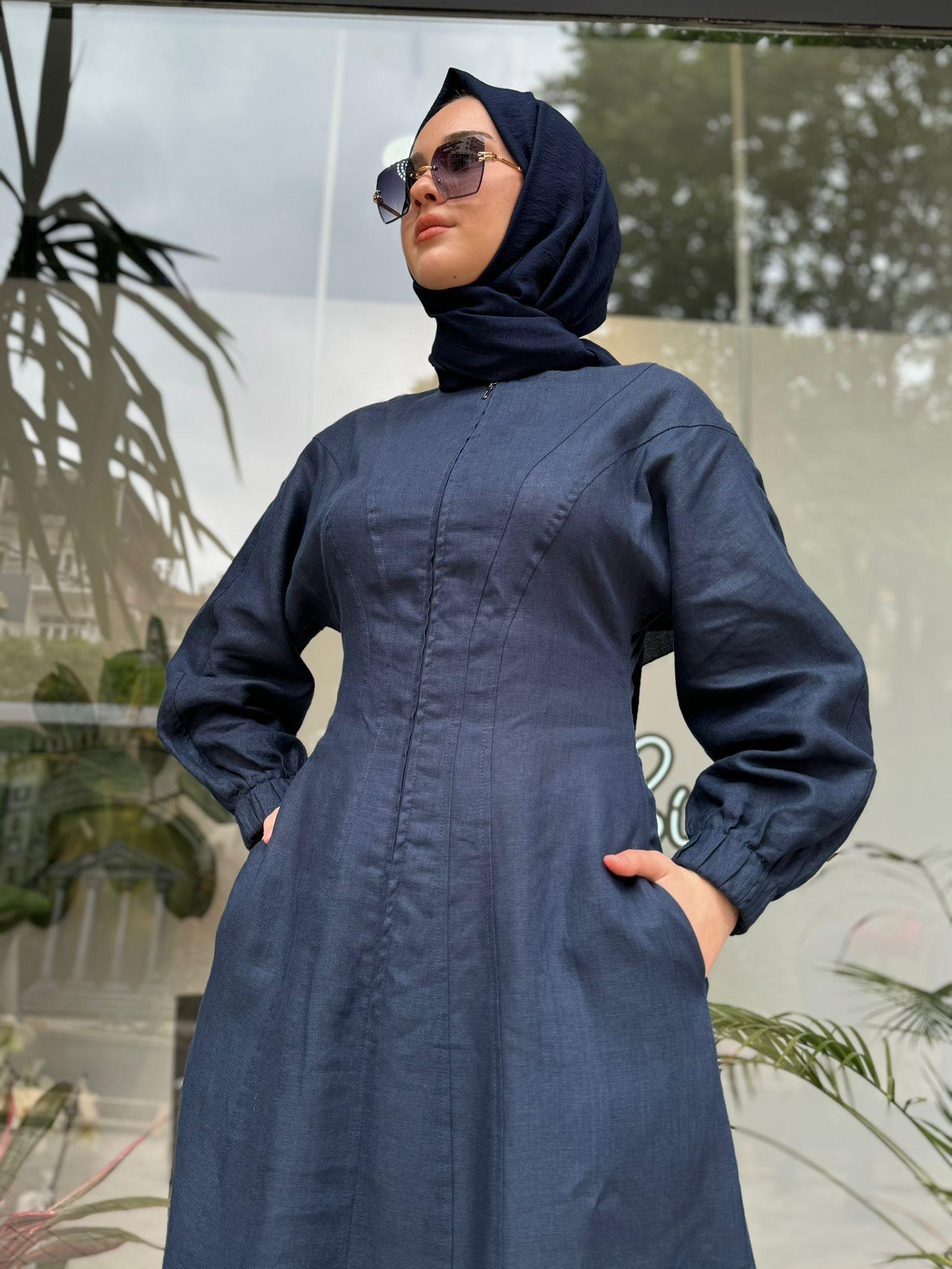 QOOQ Linen Elbise Lacivert 24ss407