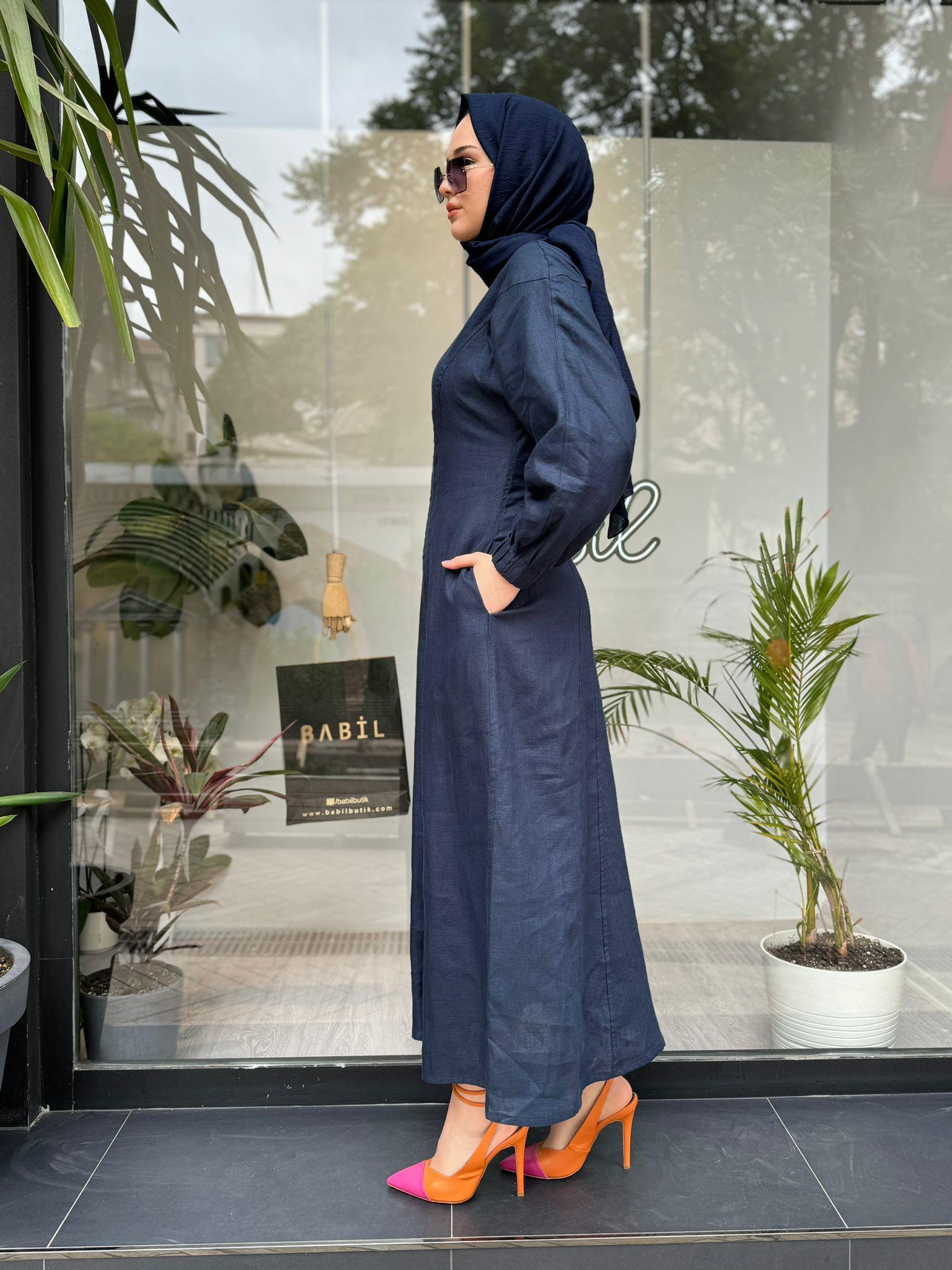 QOOQ Linen Elbise Lacivert 24ss407