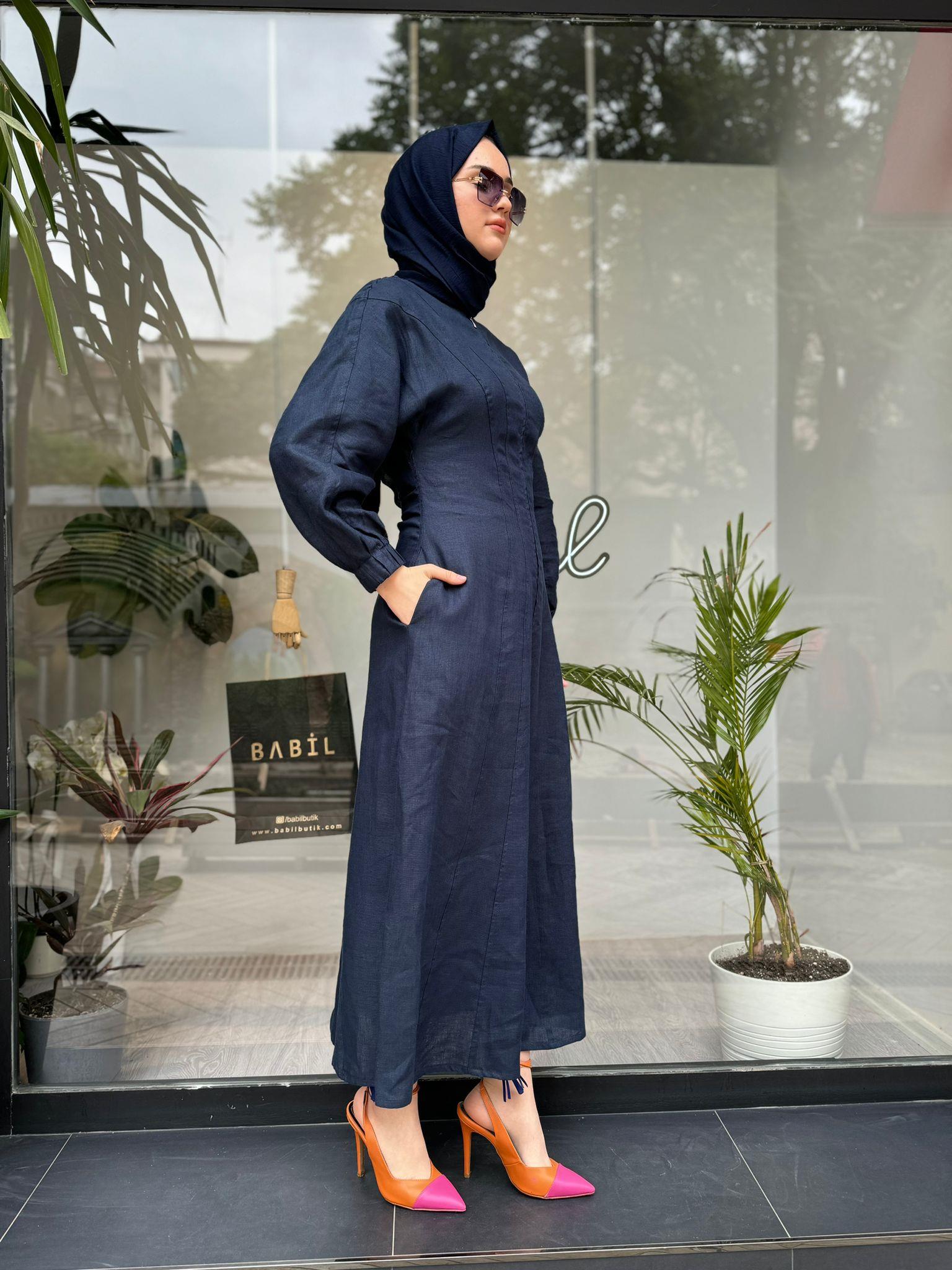 QOOQ Linen Elbise Lacivert 24ss407