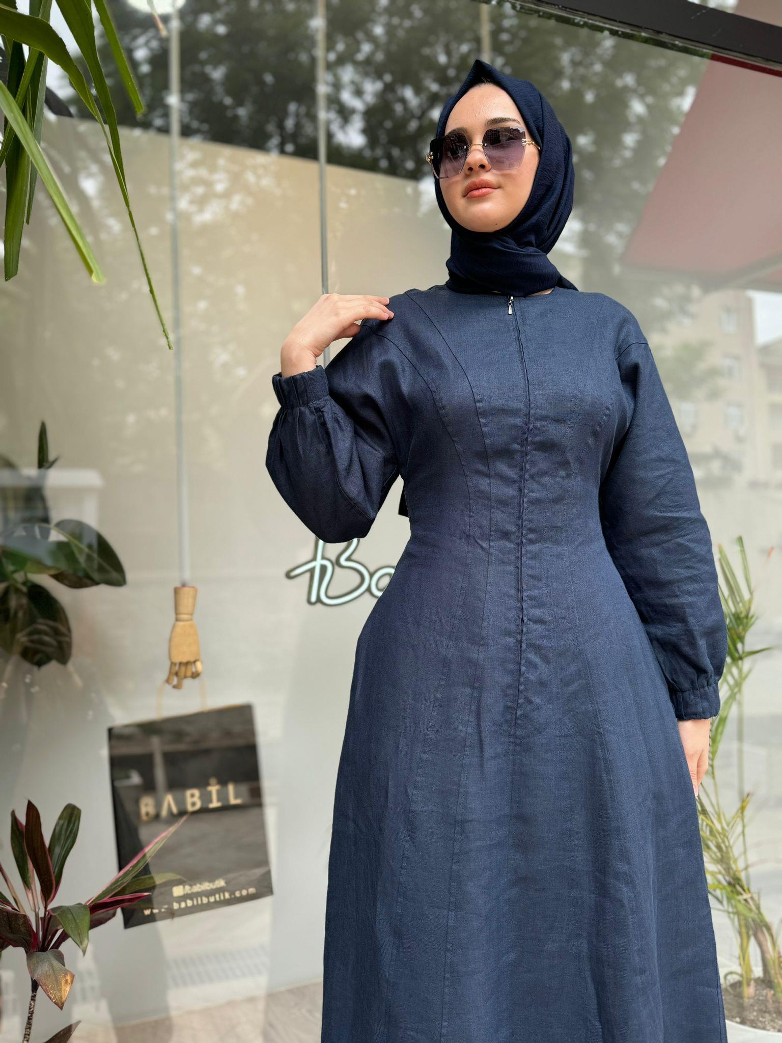 QOOQ Linen Elbise Lacivert 24ss407