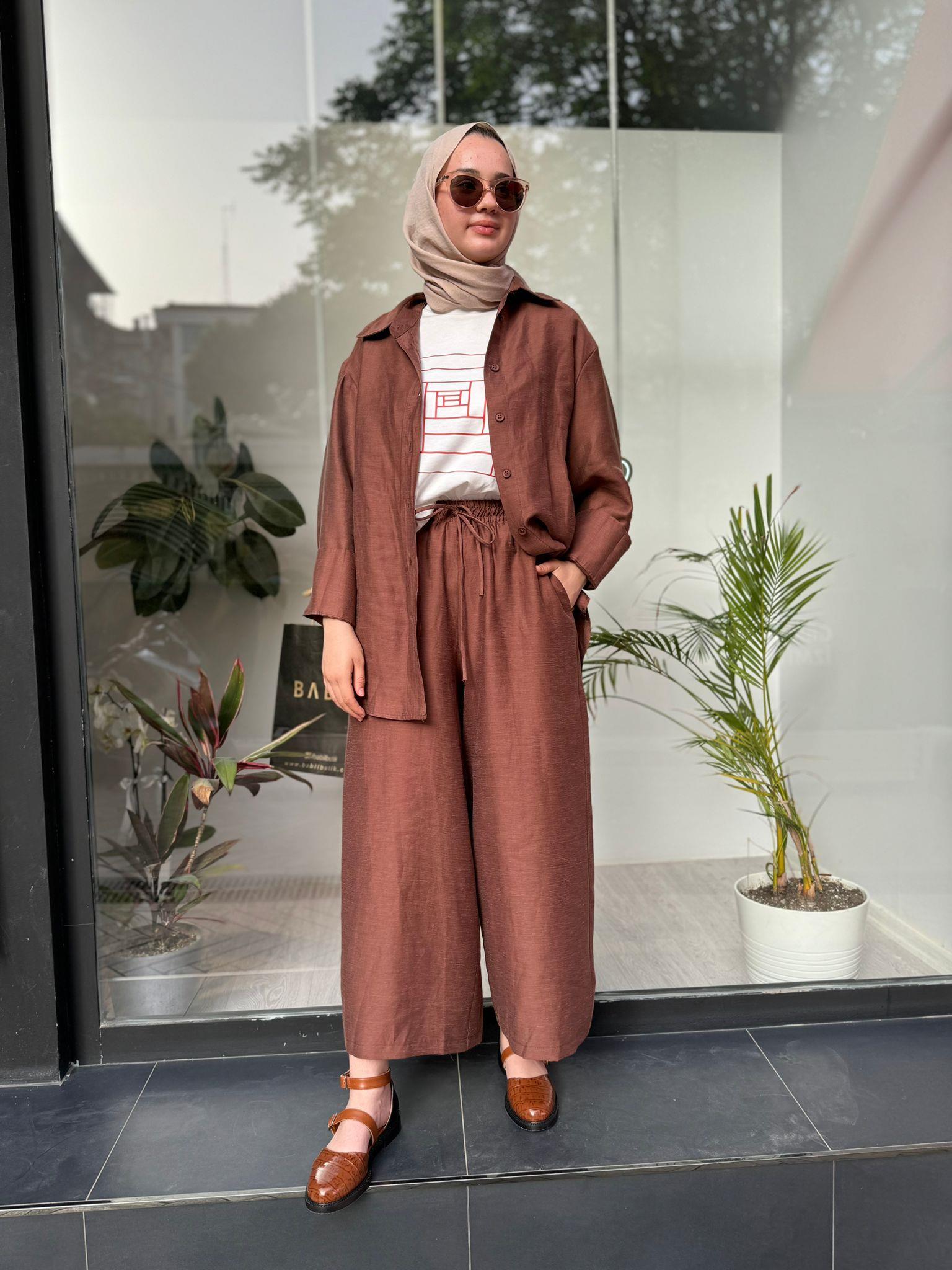 QOOQ Tenket Pantolon Bol Paça Kahve 24ss350