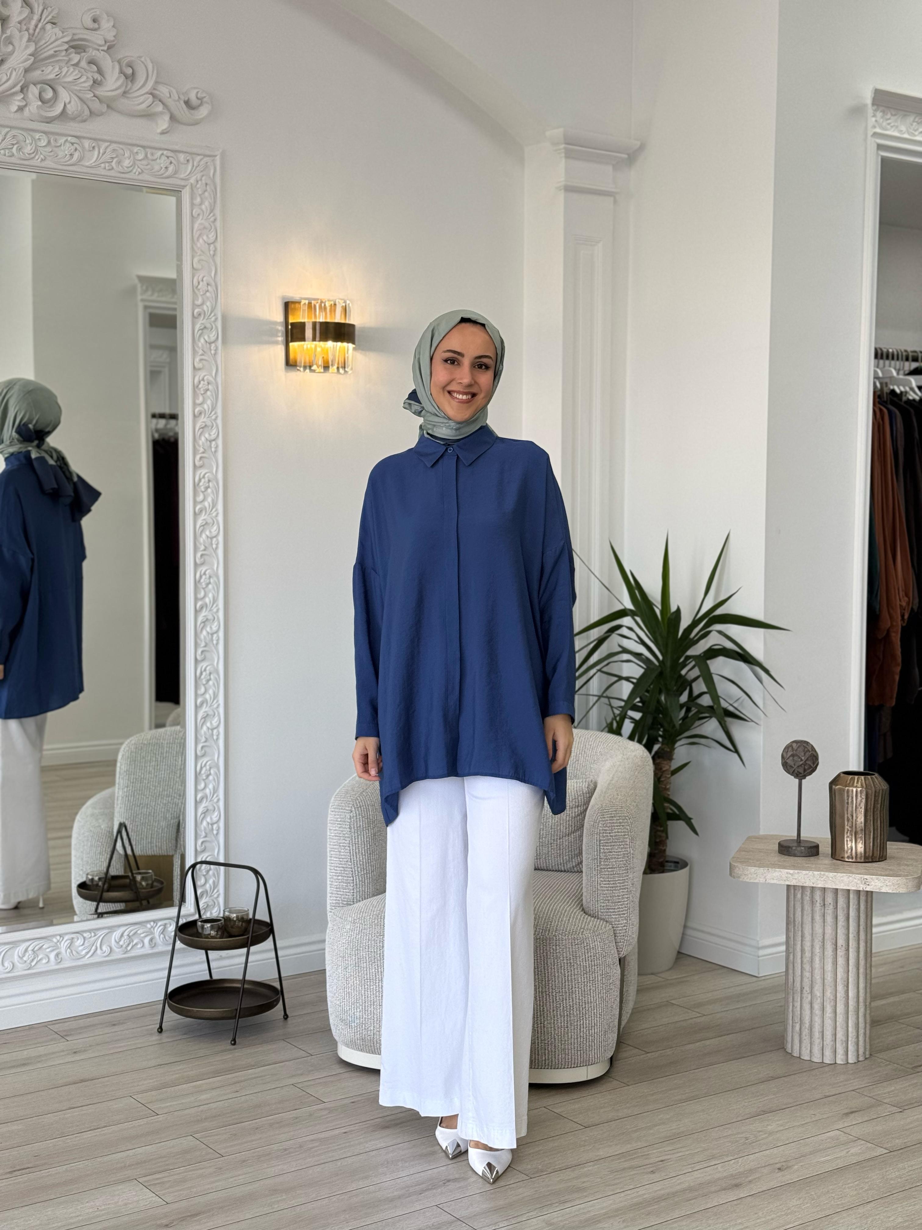 QOOQ Yarasa Kol Gömlek Lacivert 25ss231
