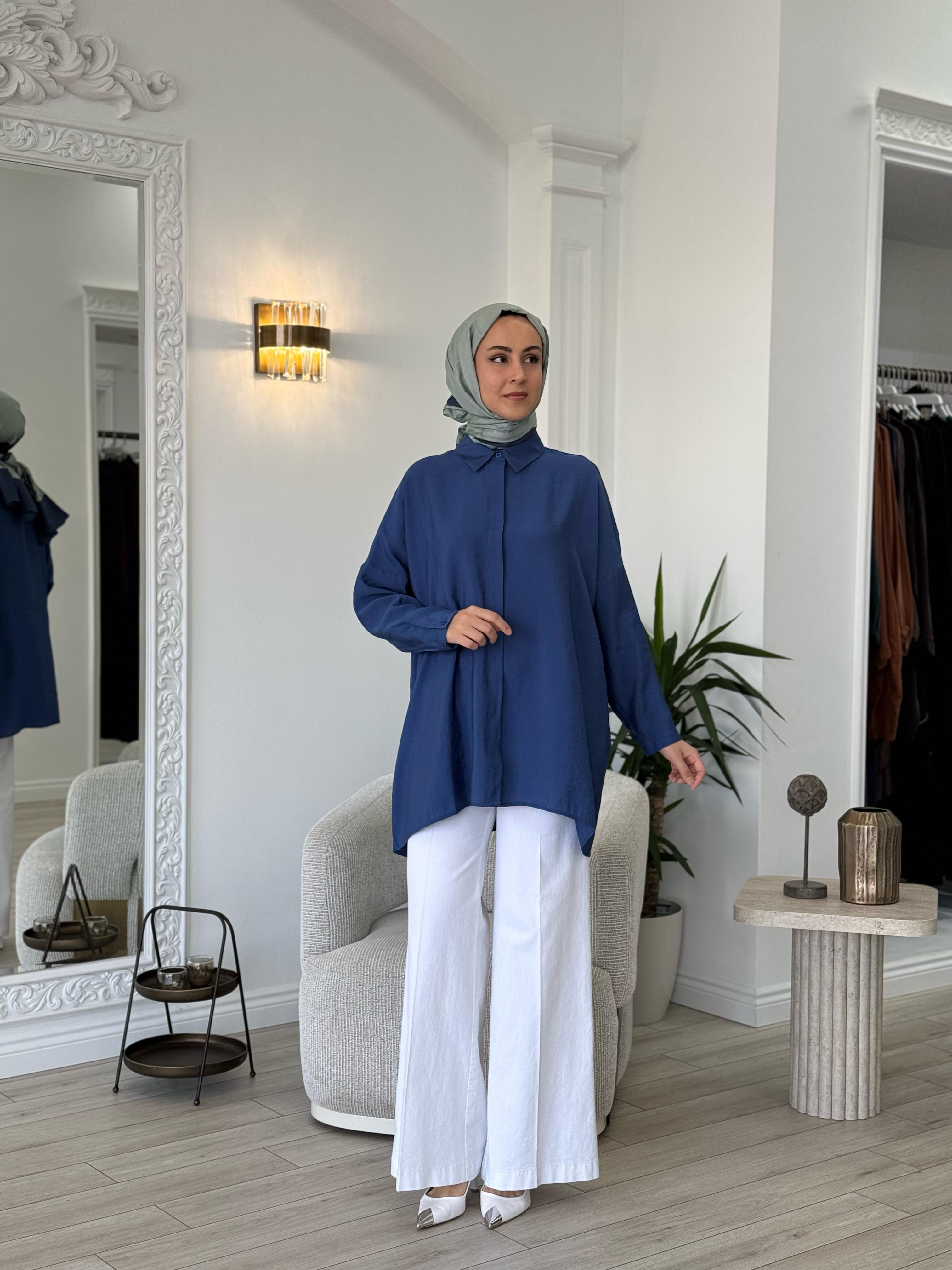 QOOQ Yarasa Kol Gömlek Lacivert 25ss231