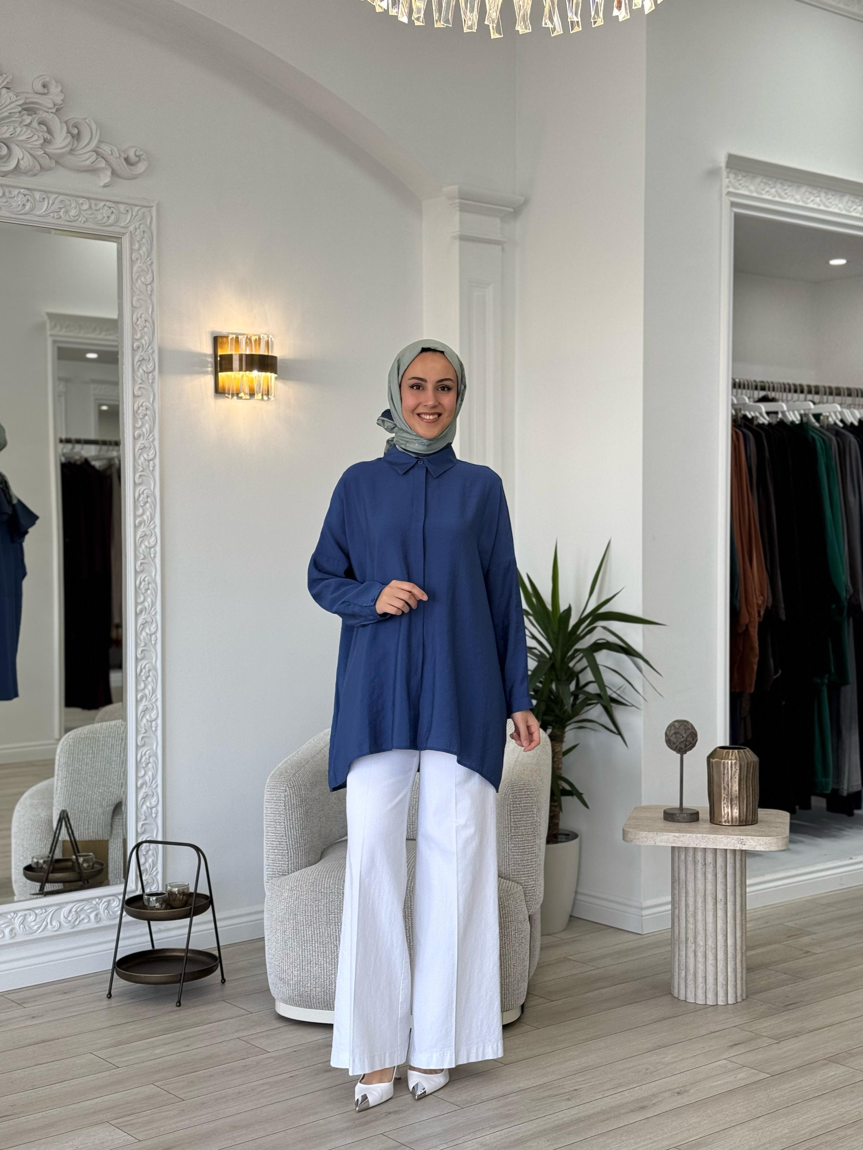 QOOQ Yarasa Kol Gömlek Lacivert 25ss231