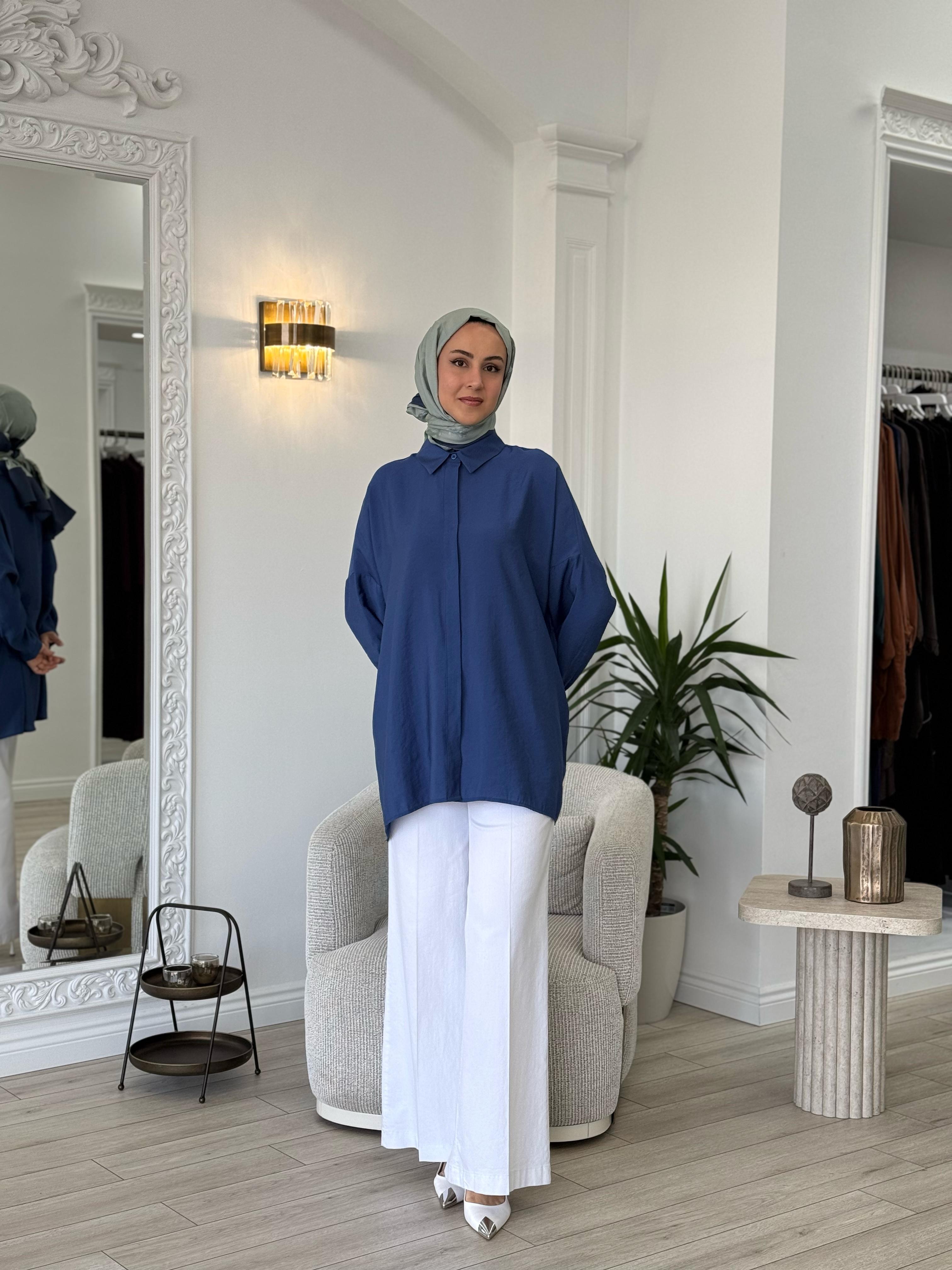 QOOQ Yarasa Kol Gömlek Lacivert 25ss231