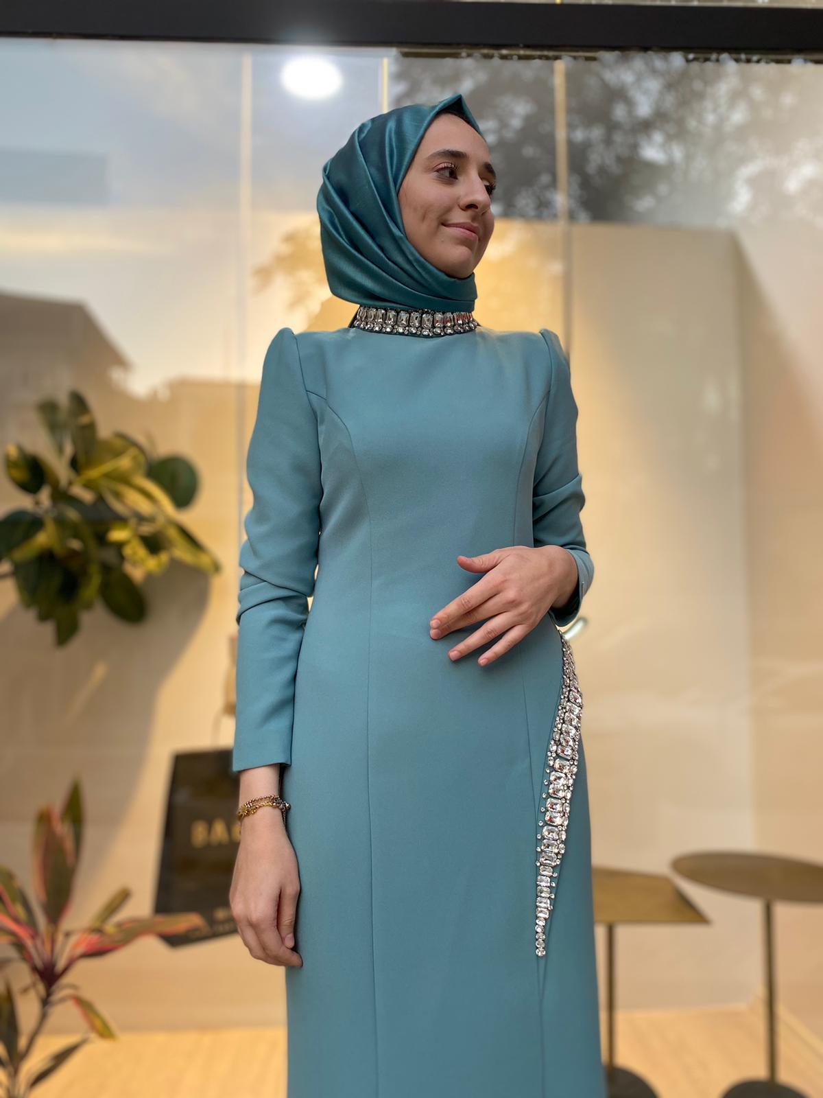 Senna Adel Taşlı Abiye Elbise Yeşil 240033