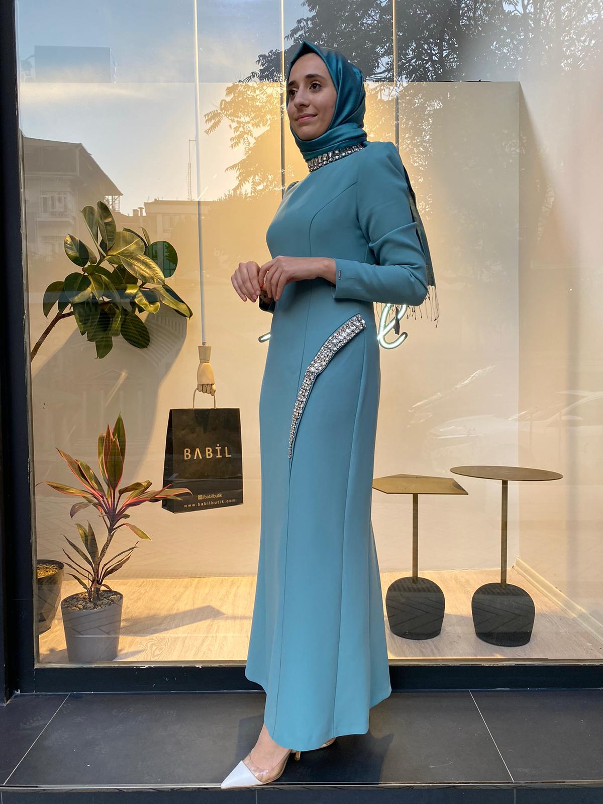 Senna Adel Taşlı Abiye Elbise Yeşil 240033
