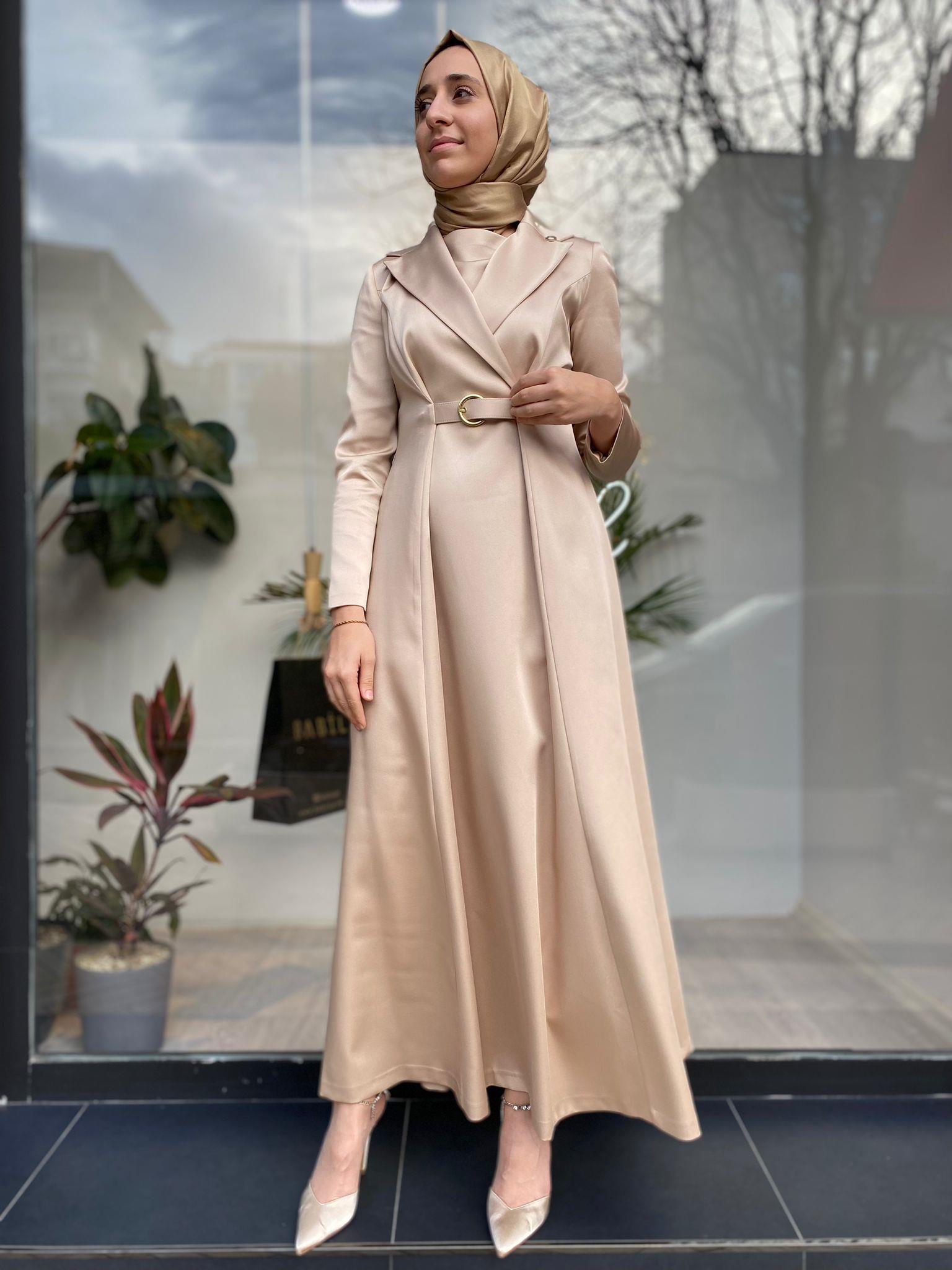 Senna Freesia Dress Kemerli Abiye Elbise Bej 240032