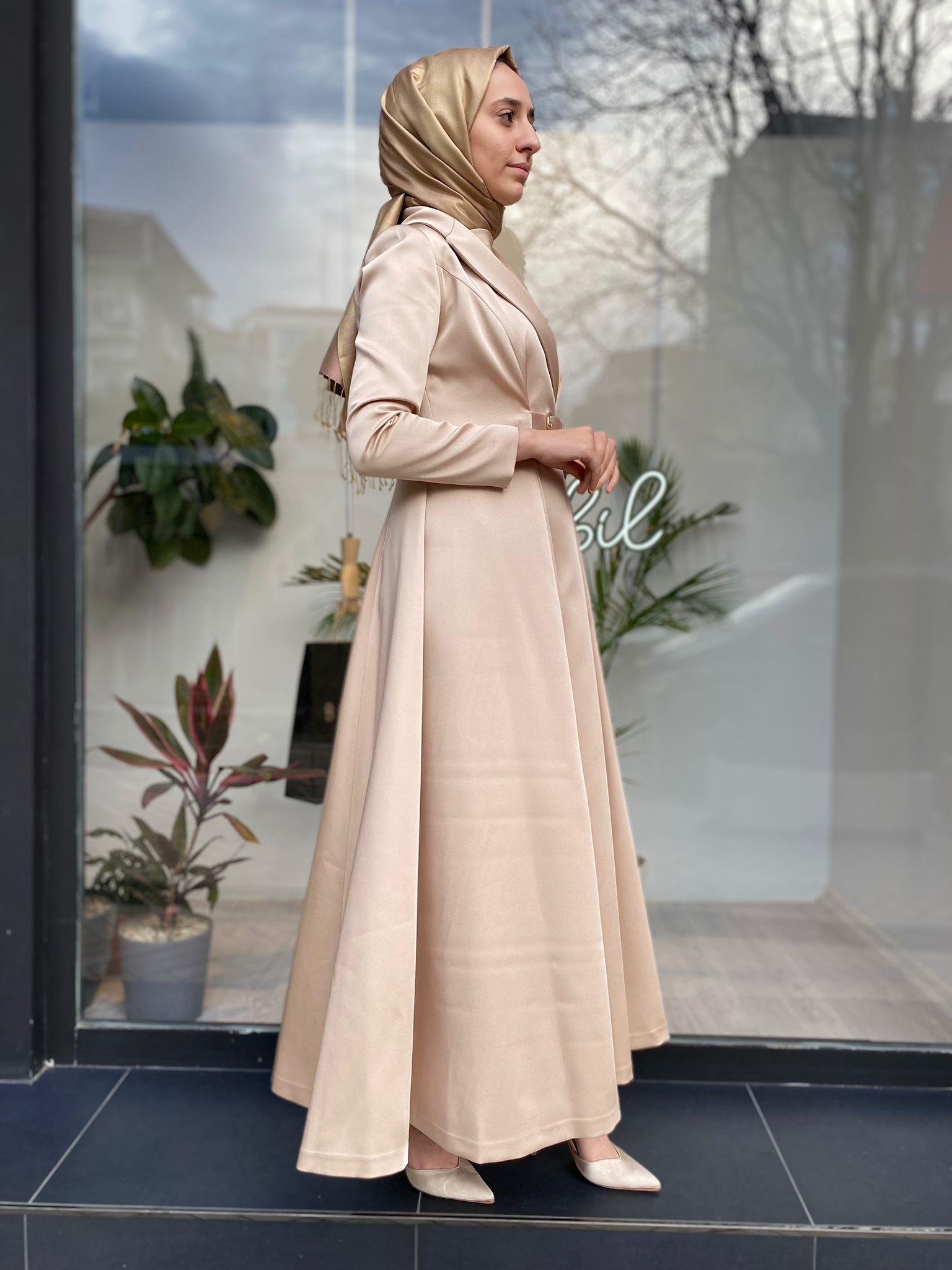 Senna Freesia Dress Kemerli Abiye Elbise Bej 240032