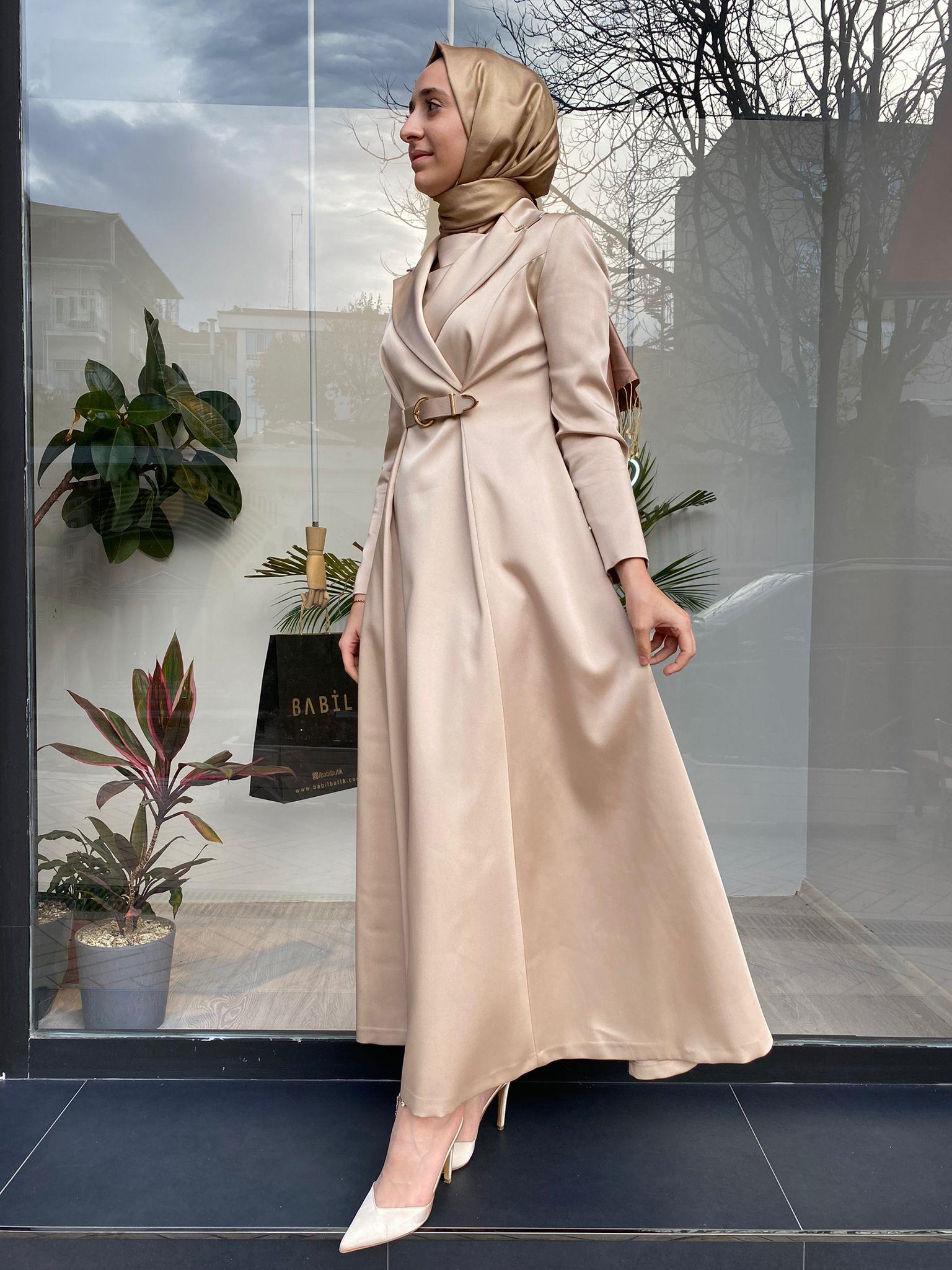 Senna Freesia Dress Kemerli Abiye Elbise Bej 240032
