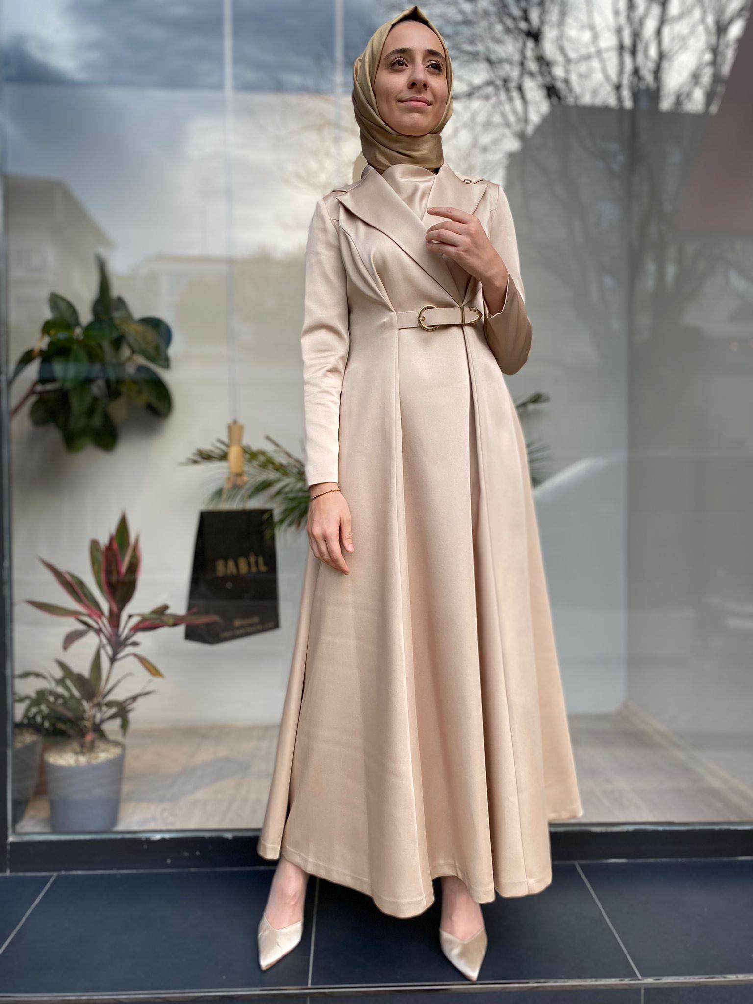 Senna Freesia Dress Kemerli Abiye Elbise Bej 240032