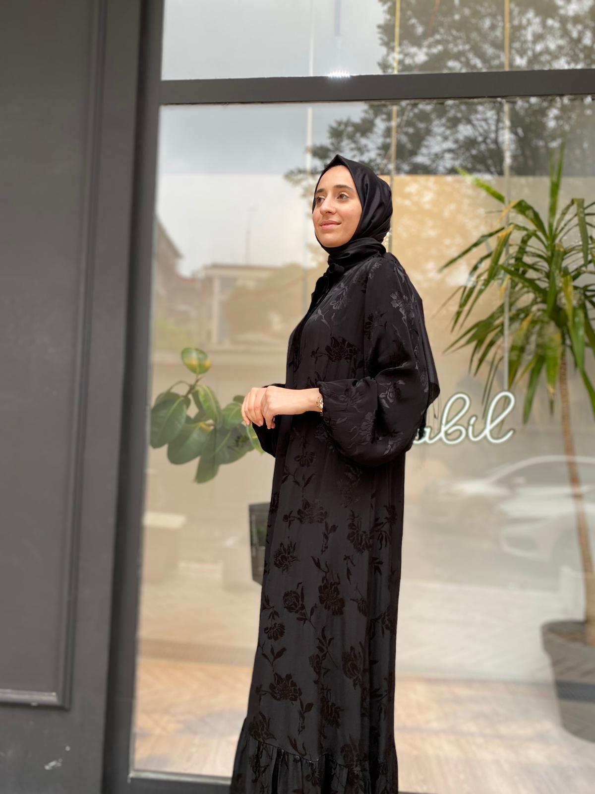 Senna Siyah Kendiliğinde Çiçek Desenli Abiye Elbise 3059S23
