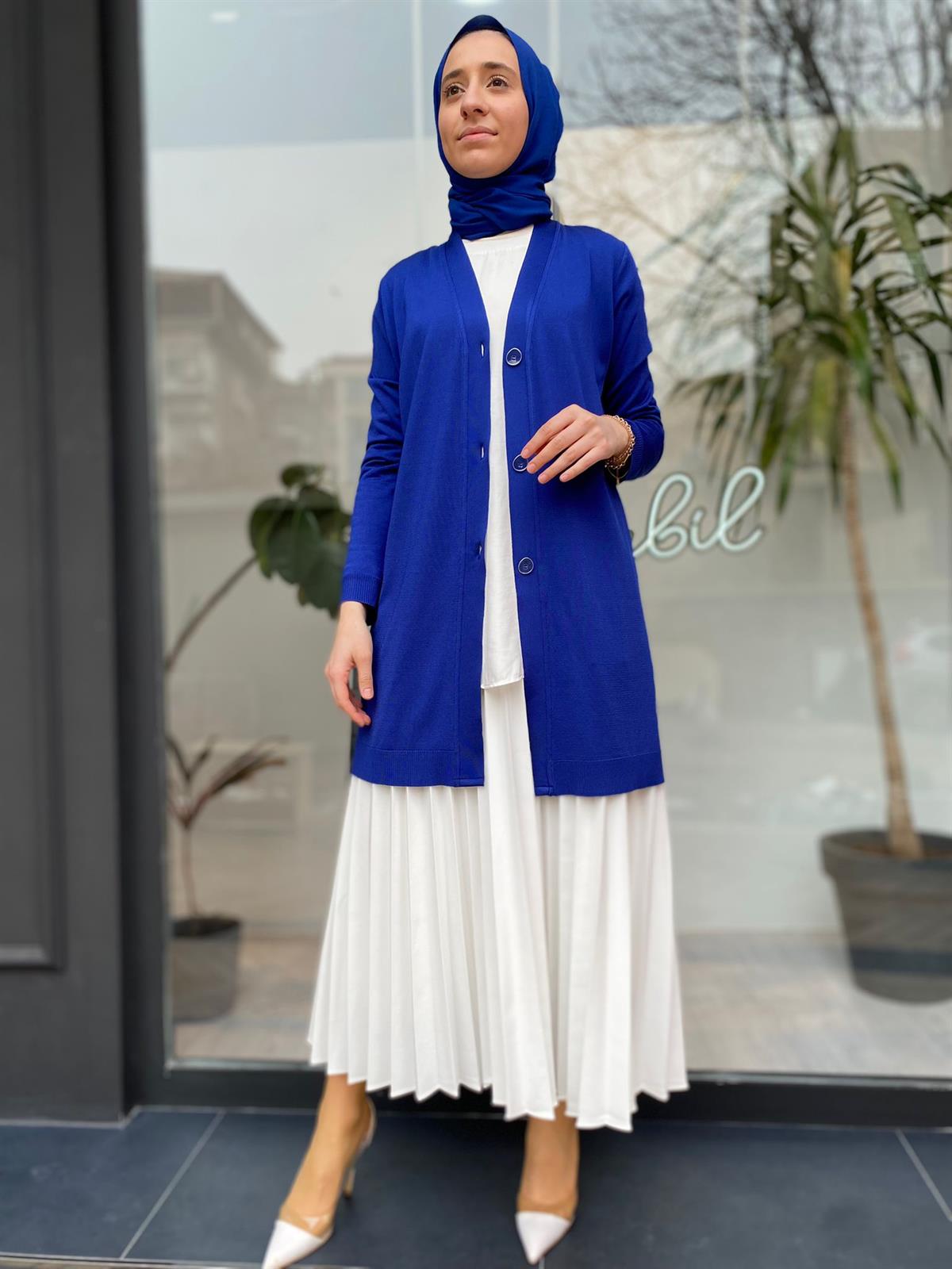 Tığ Triko Arkası Desenli Şifon Detaylı Saks Rayon  21442