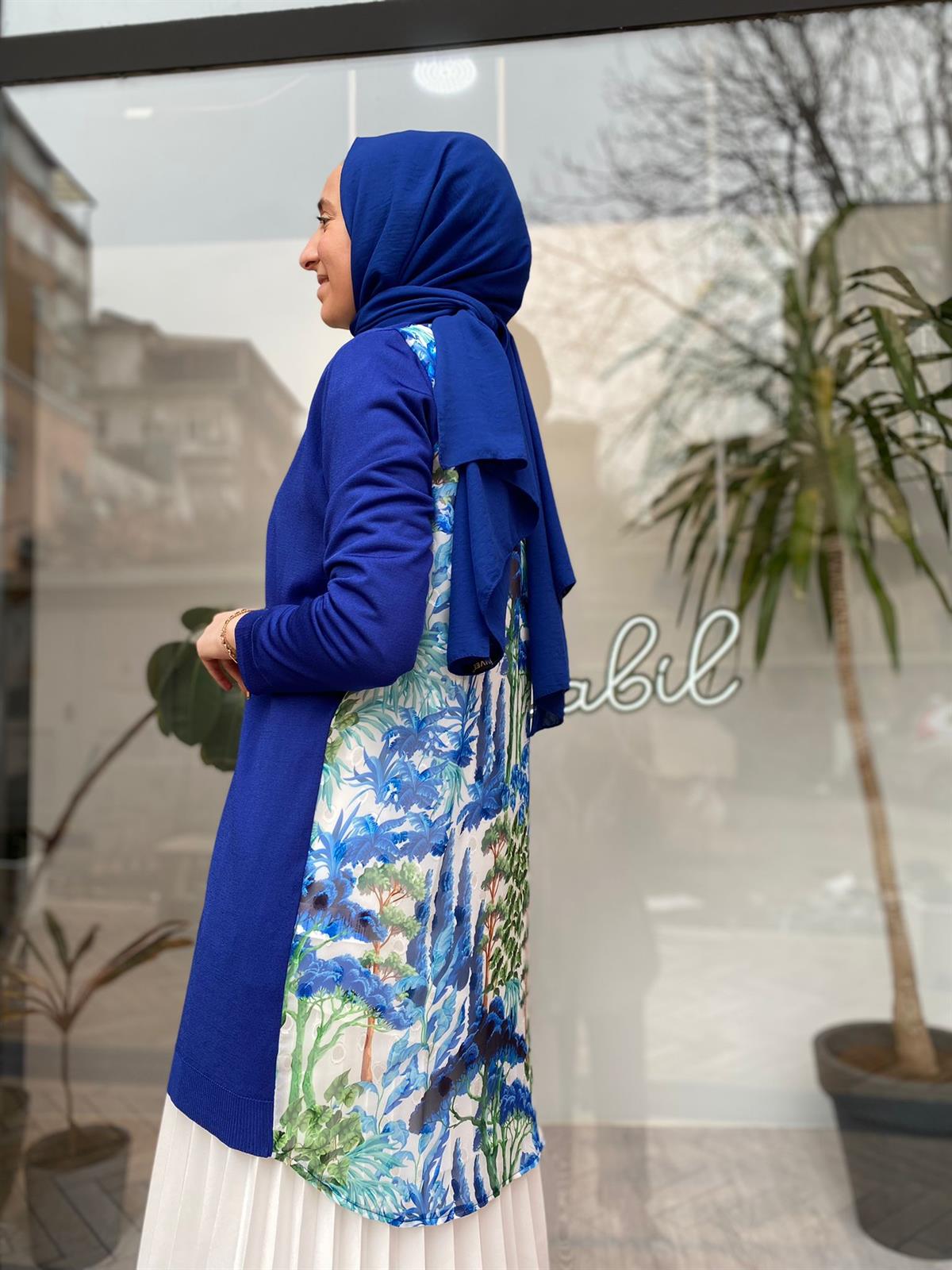 Tığ Triko Arkası Desenli Şifon Detaylı Saks Rayon  21442