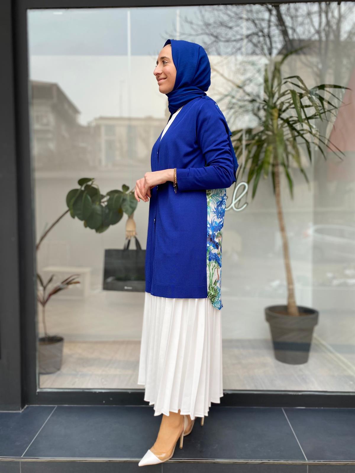 Tığ Triko Arkası Desenli Şifon Detaylı Saks Rayon  21442