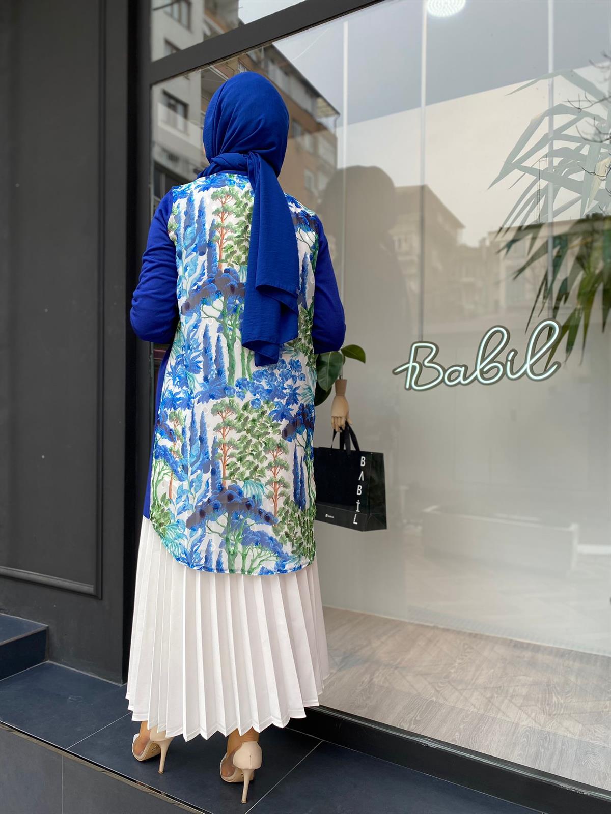 Tığ Triko Arkası Desenli Şifon Detaylı Saks Rayon  21442