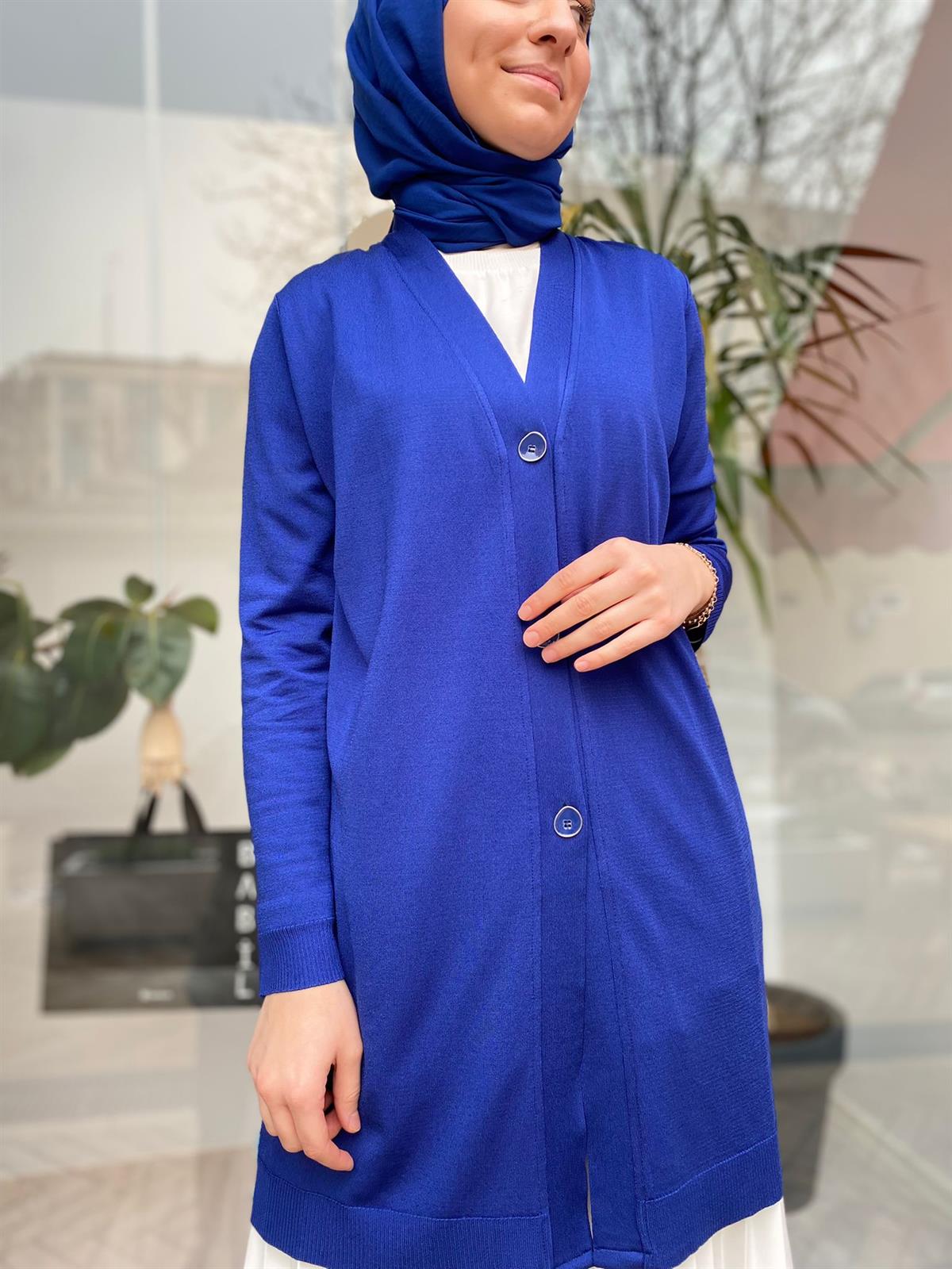 Tığ Triko Arkası Desenli Şifon Detaylı Saks Rayon  21442