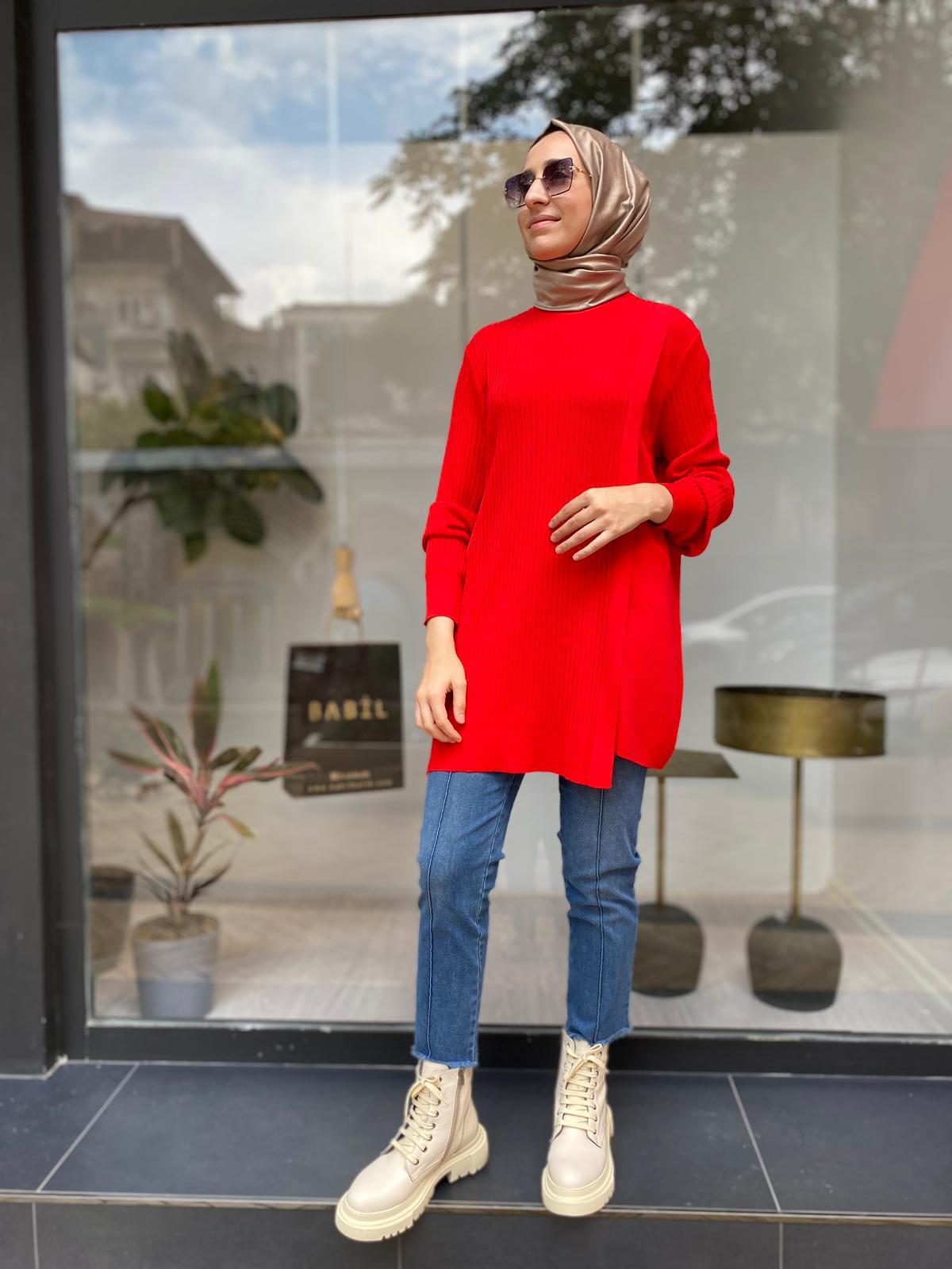 Tığ Triko Asimetrik Detay Rayon Tunik Kırmızı 21278