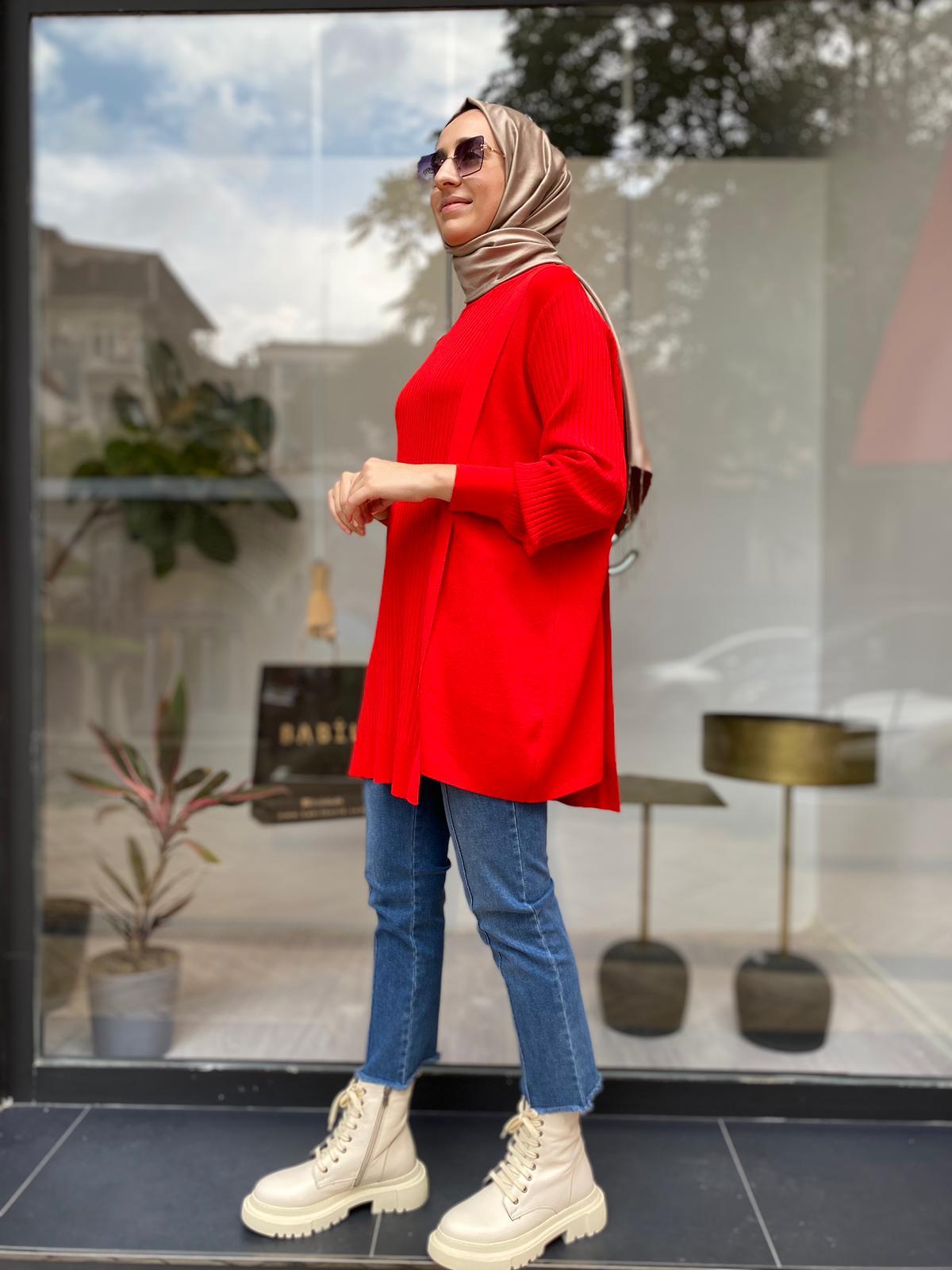 Tığ Triko Asimetrik Detay Rayon Tunik Kırmızı 21278