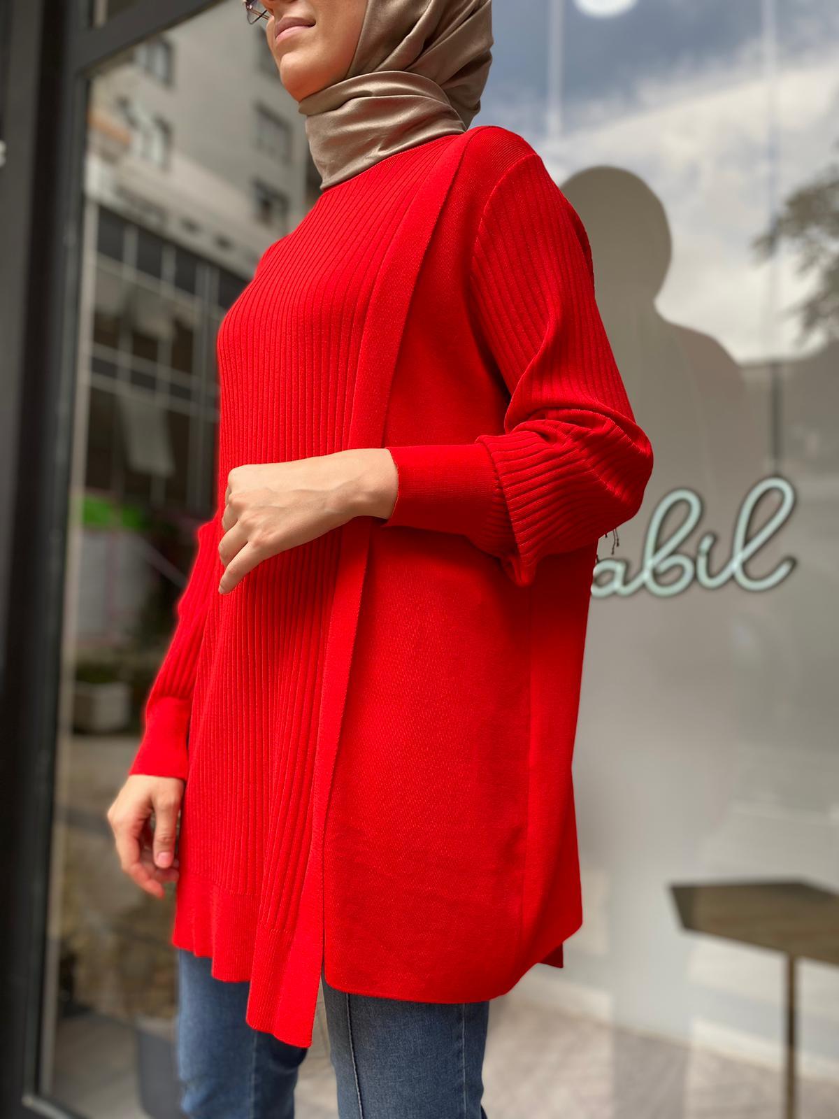 Tığ Triko Asimetrik Detay Rayon Tunik Kırmızı 21278