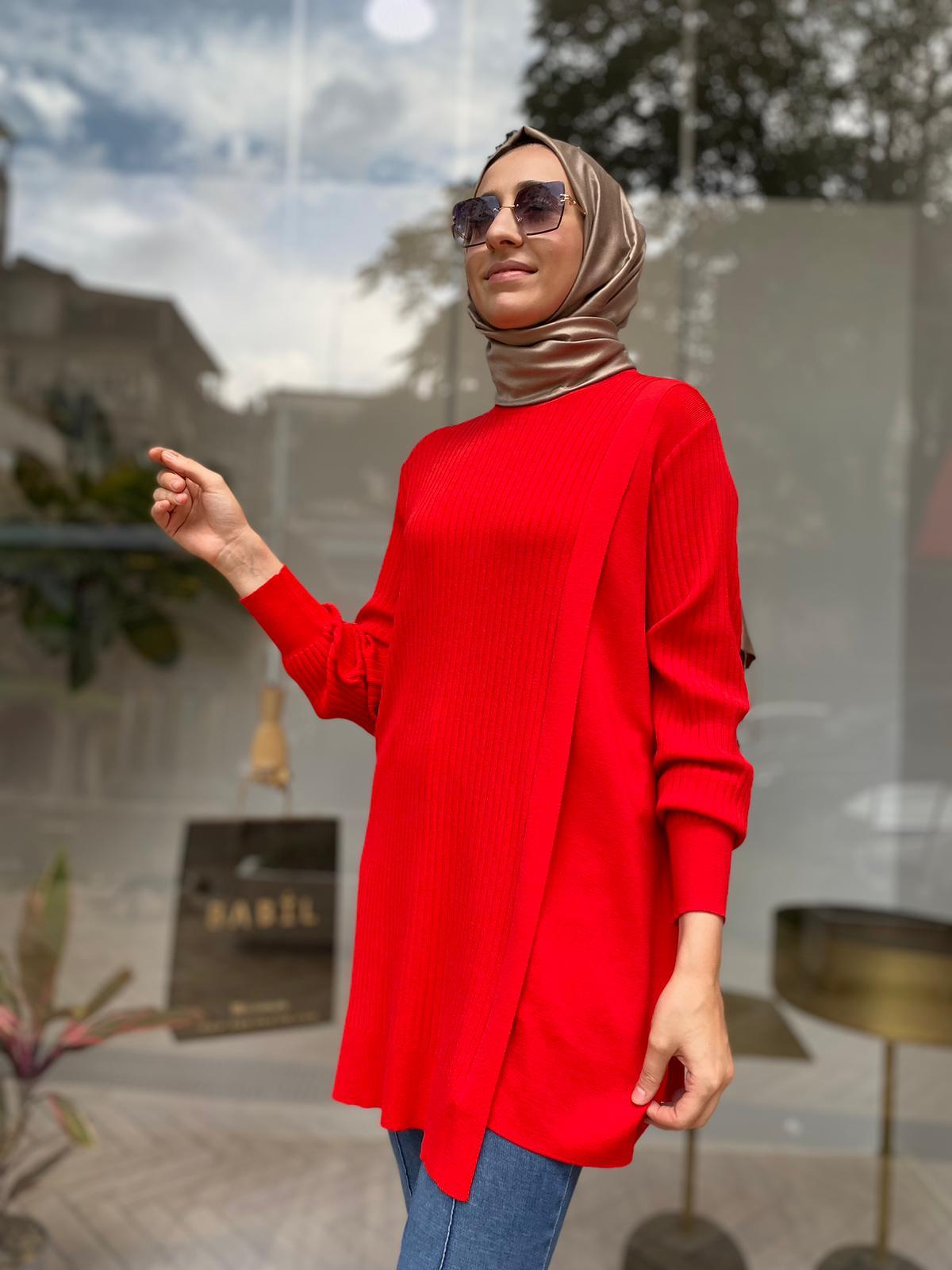 Tığ Triko Asimetrik Detay Rayon Tunik Kırmızı 21278