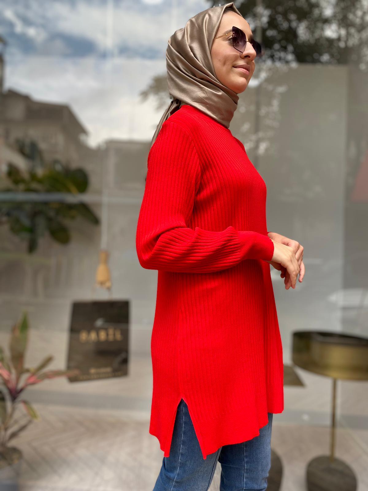 Tığ Triko Asimetrik Detay Rayon Tunik Kırmızı 21278