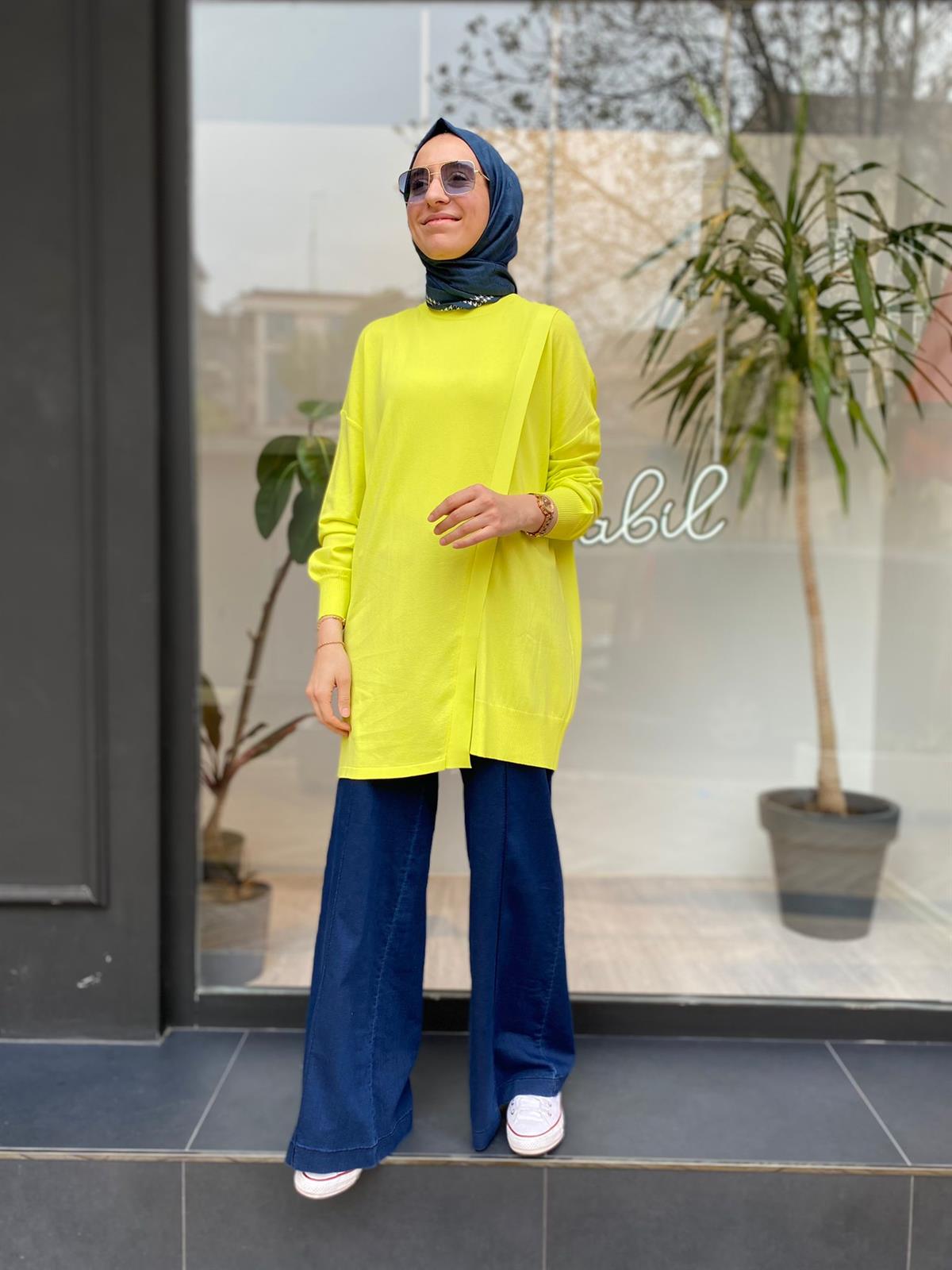 Tığ Triko Asimetrik Triko Tunik Lime  21181