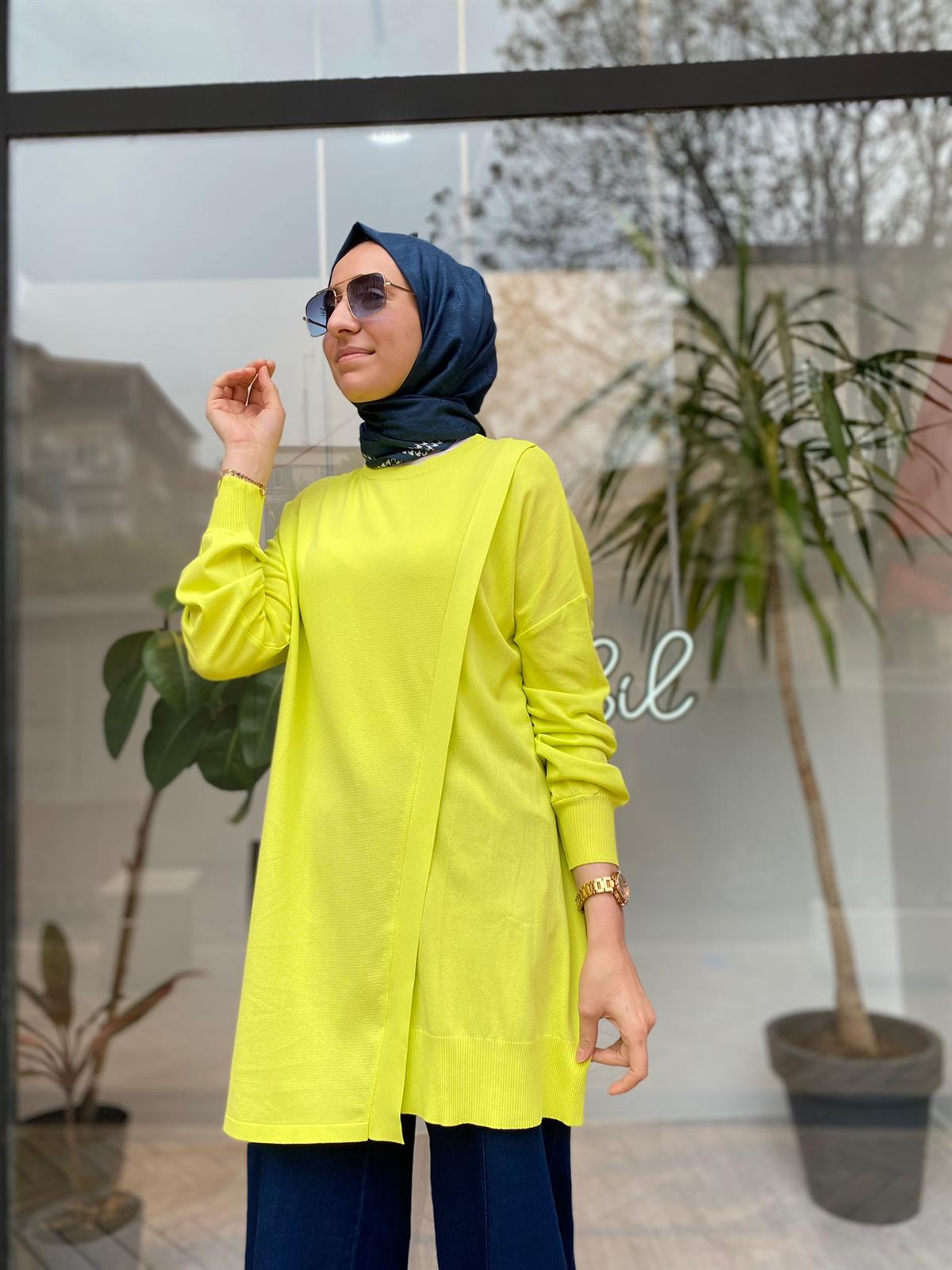 Tığ Triko Asimetrik Triko Tunik Lime  21181