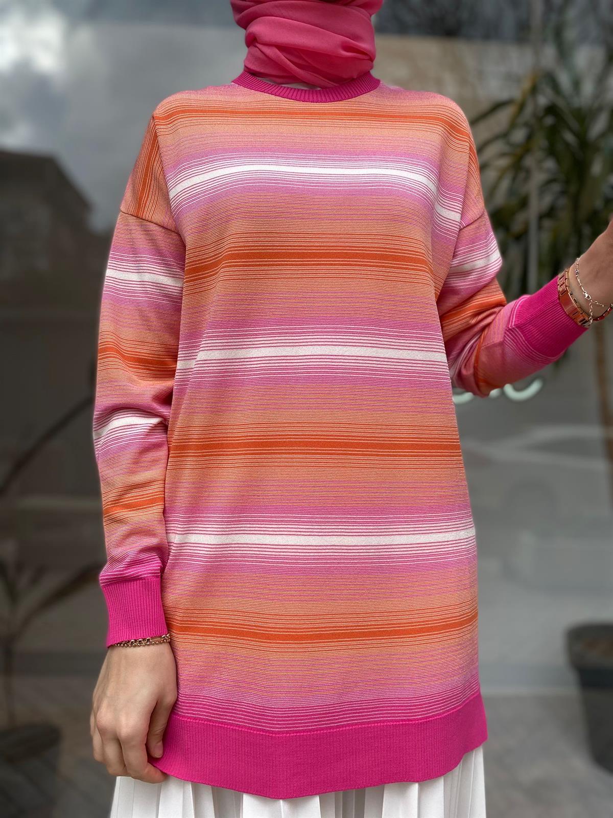 Tığ Triko Çizgi Geçişli Rayon Fuşya Tunik 21463
