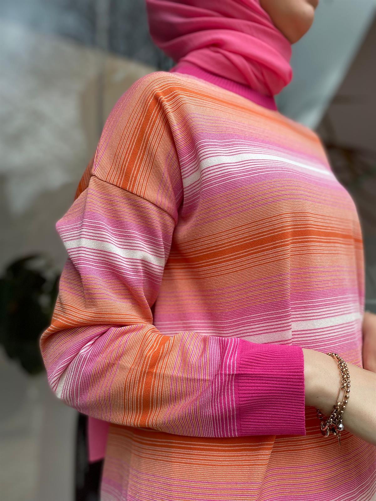 Tığ Triko Çizgi Geçişli Rayon Fuşya Tunik 21463