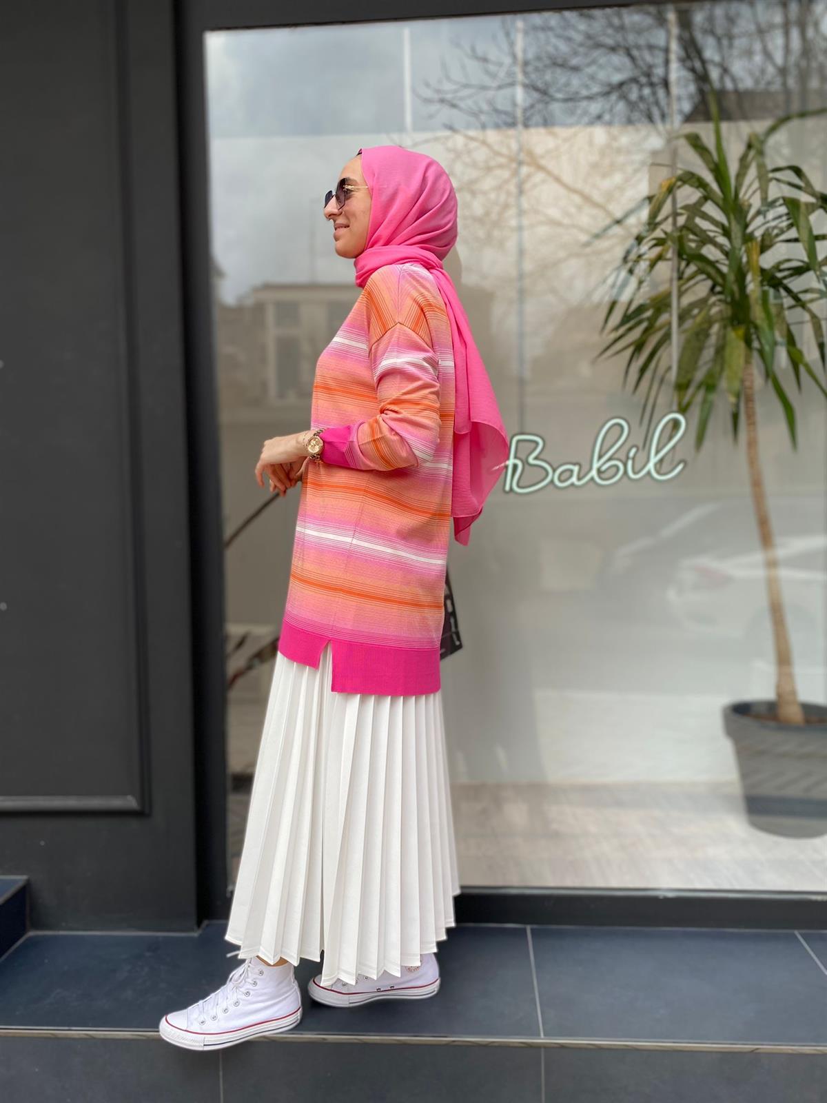 Tığ Triko Çizgi Geçişli Rayon Fuşya Tunik 21463