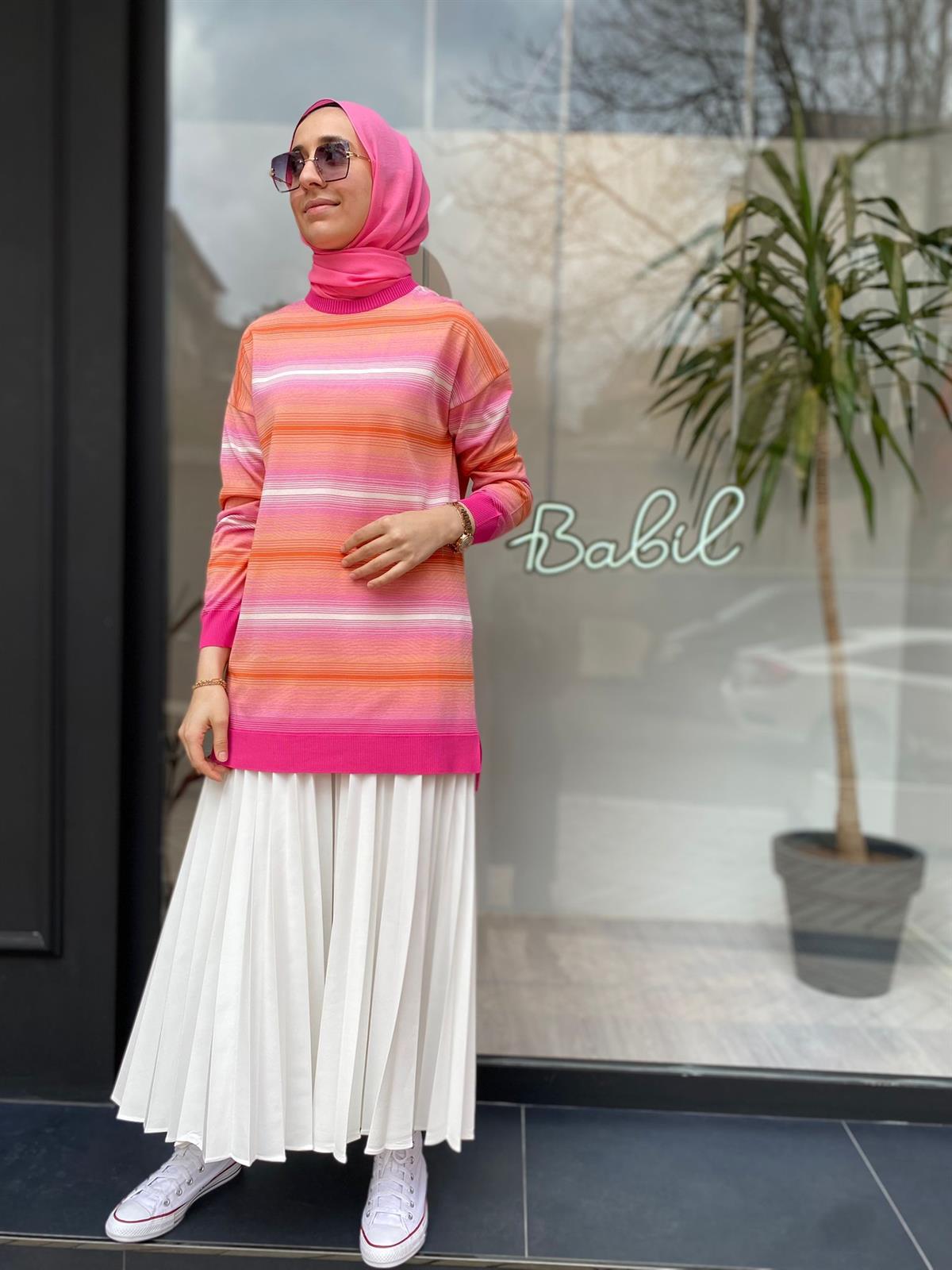 Tığ Triko Çizgi Geçişli Rayon Fuşya Tunik 21463
