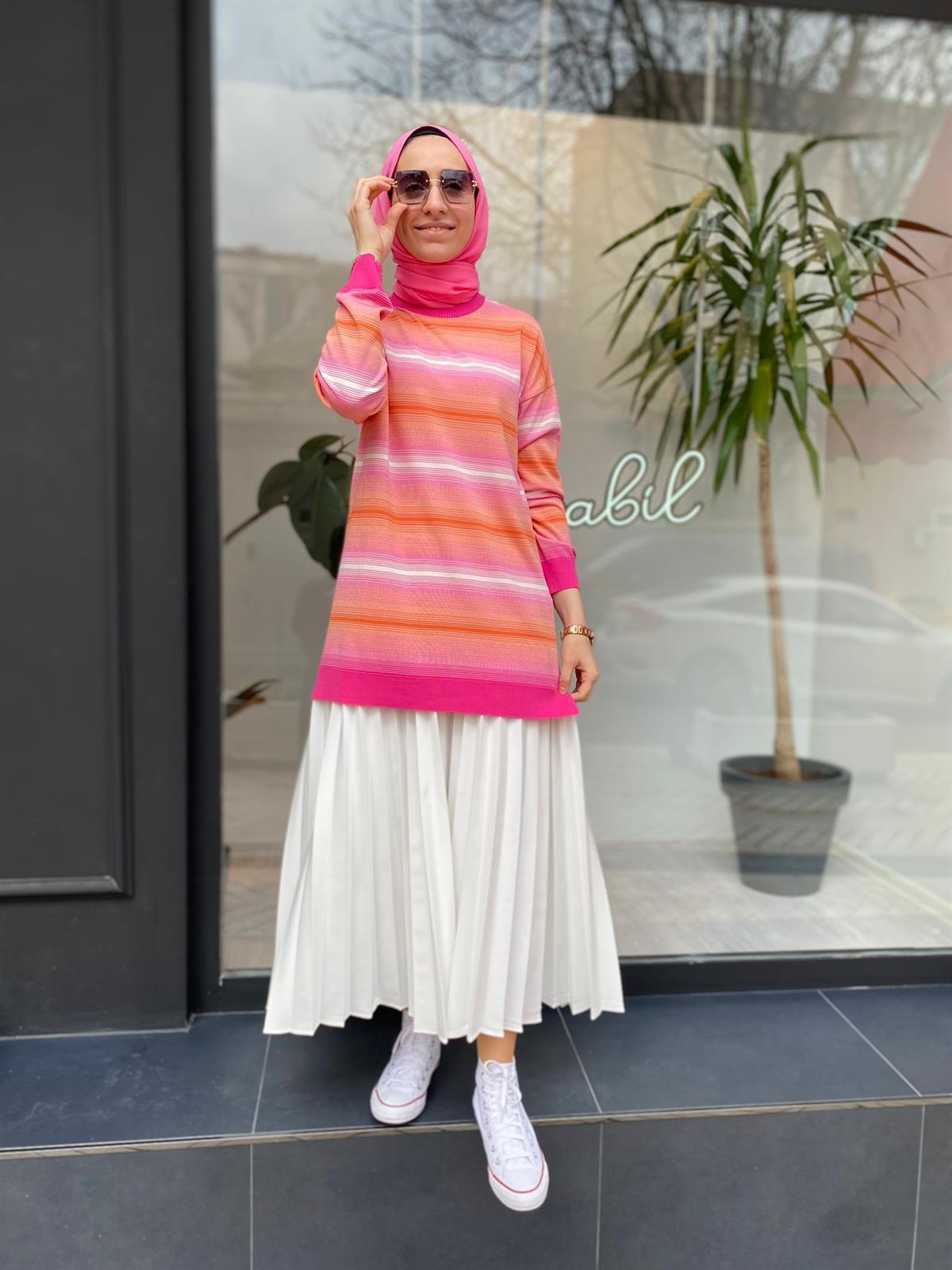 Tığ Triko Çizgi Geçişli Rayon Fuşya Tunik 21463