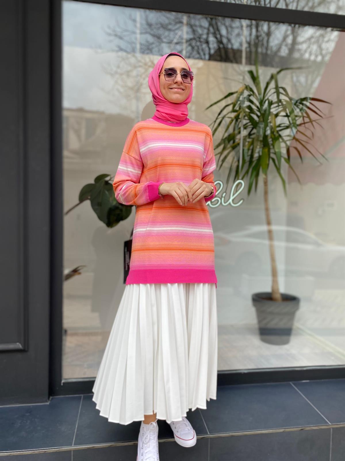 Tığ Triko Çizgi Geçişli Rayon Fuşya Tunik 21463