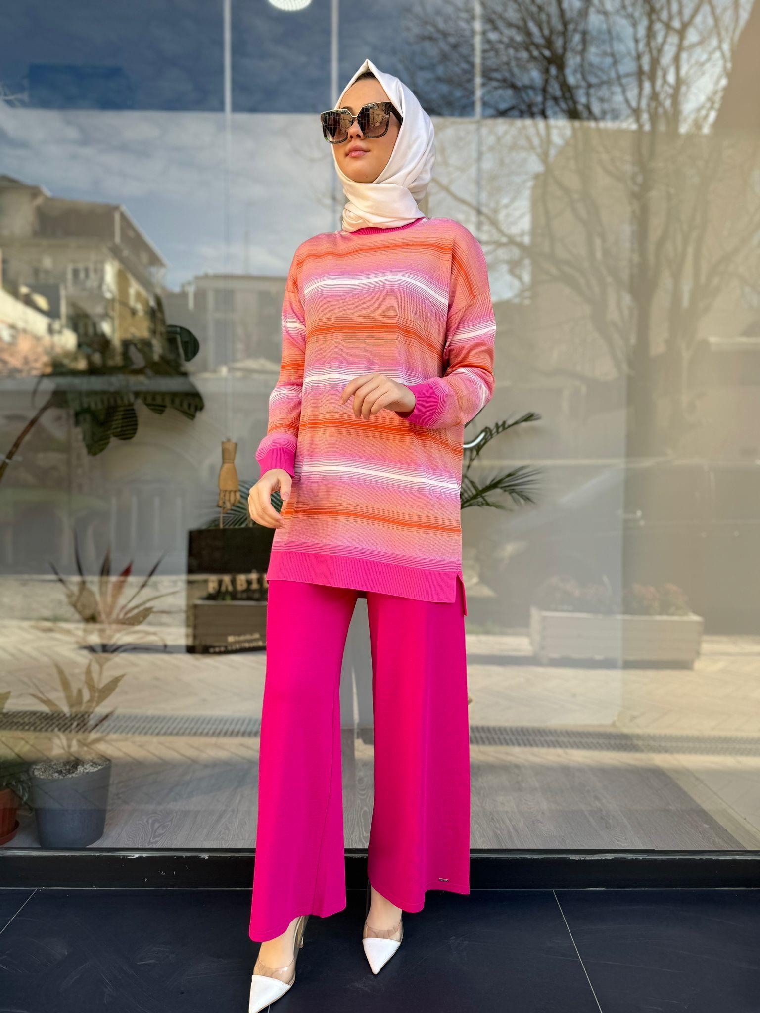 Tığ Triko Çizgi Geçişli Rayon Fuşya Tunik 21463