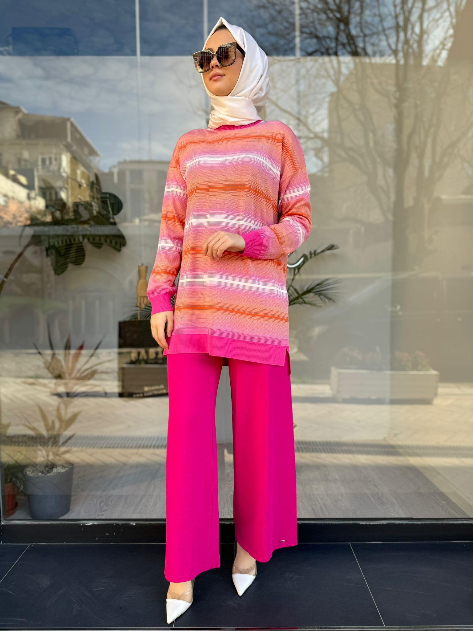 Tığ Triko Çizgi Geçişli Rayon Fuşya Tunik 21463