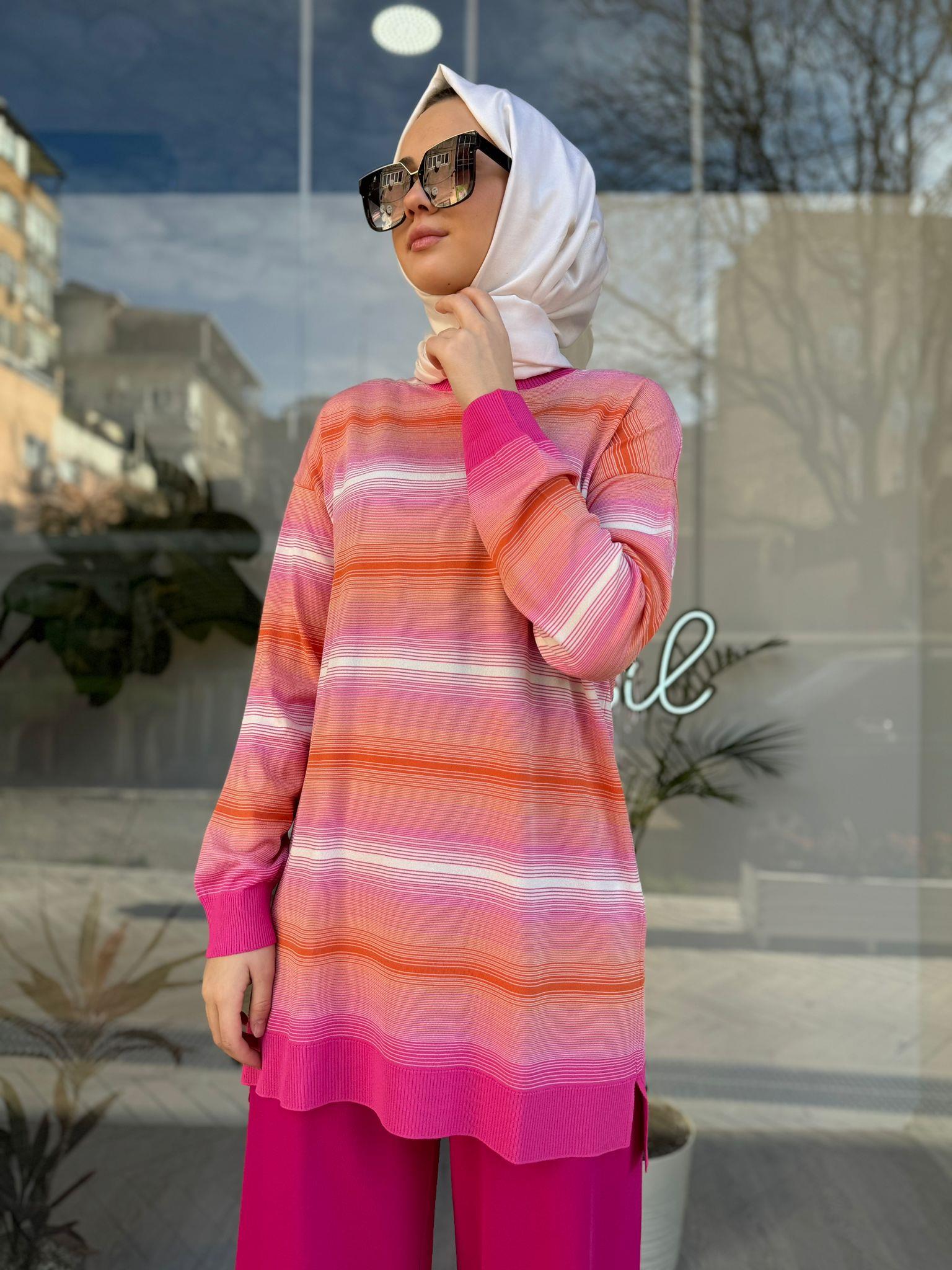 Tığ Triko Çizgi Geçişli Rayon Fuşya Tunik 21463