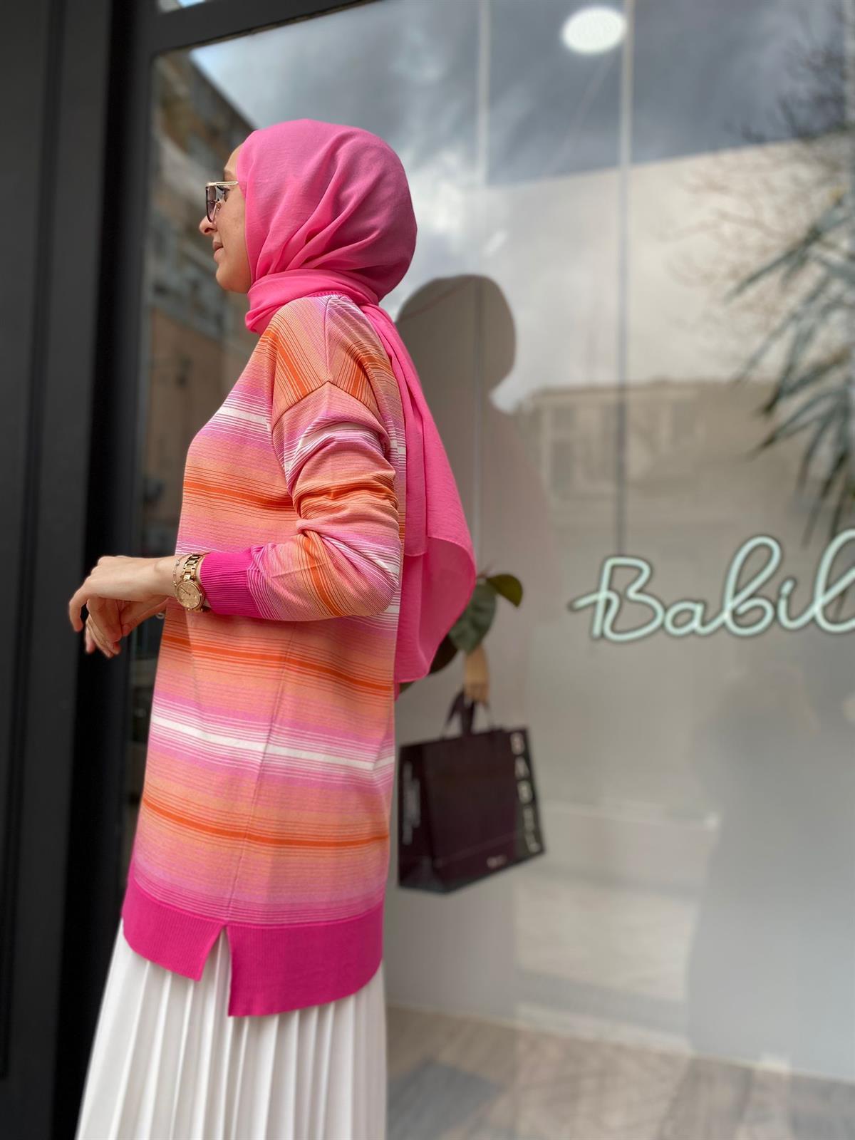 Tığ Triko Çizgi Geçişli Rayon Fuşya Tunik 21463