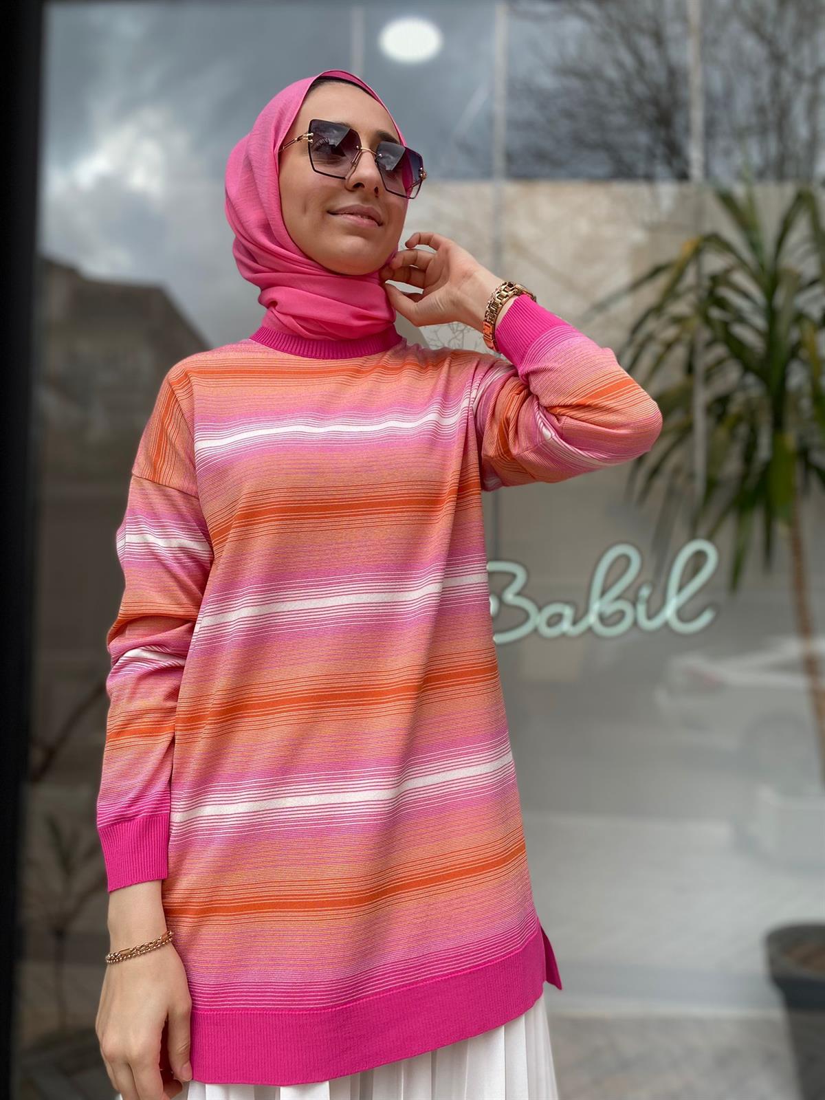 Tığ Triko Çizgi Geçişli Rayon Fuşya Tunik 21463