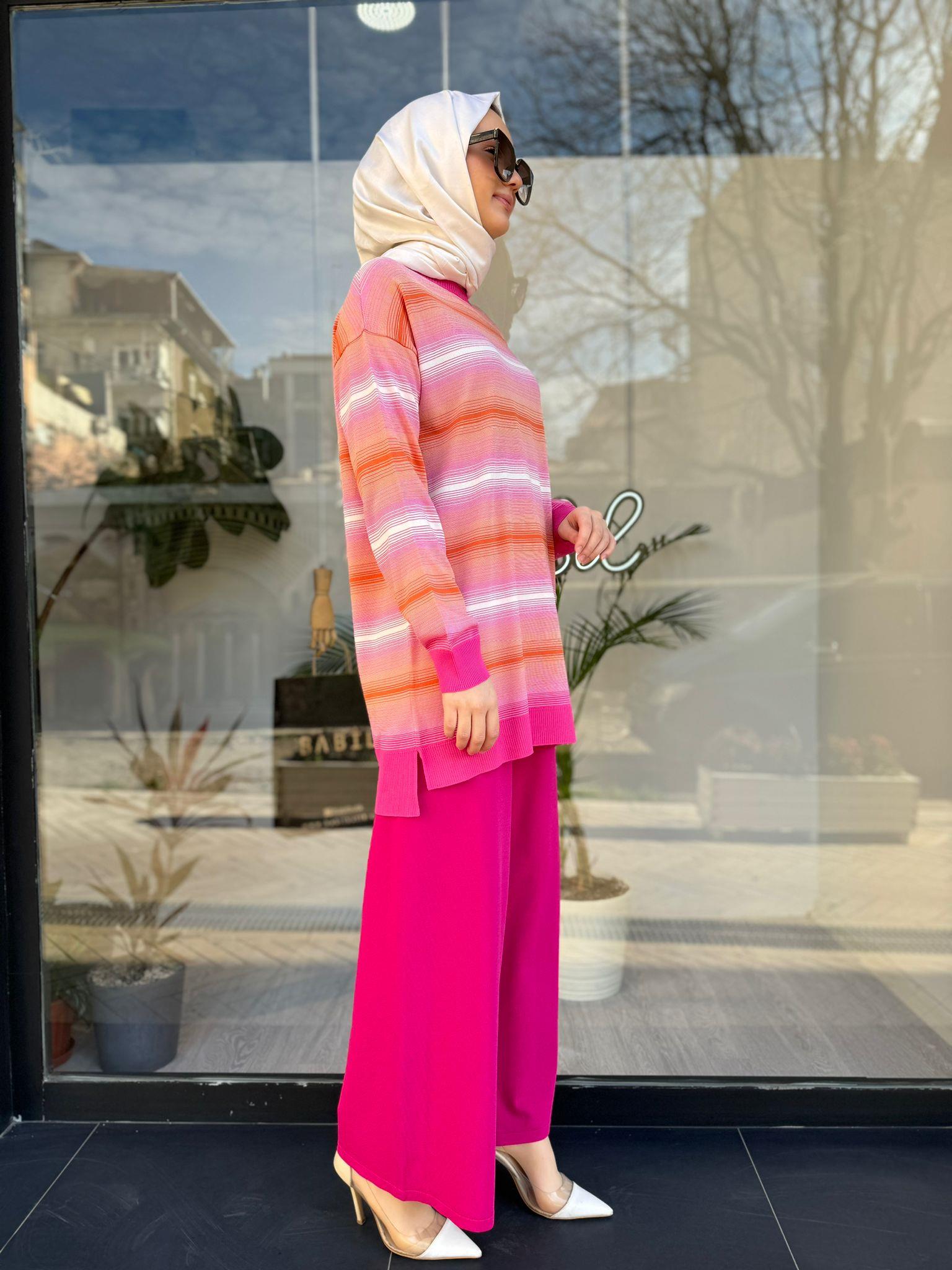 Tığ Triko Çizgi Geçişli Rayon Fuşya Tunik 21463