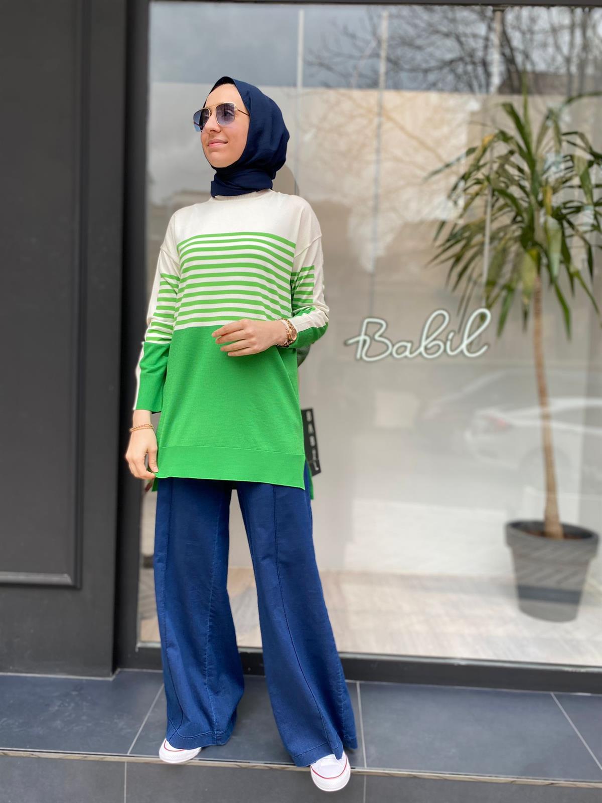 Tığ Triko Çizgili Rayon Benetton Tunik 21441