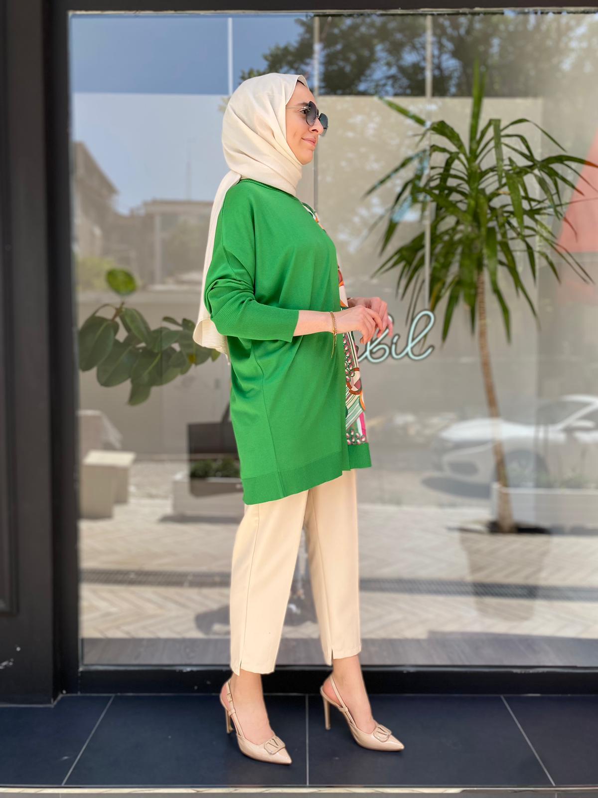 Tığ Triko Geometrik Desen Kumaş Detaylı Rayon Benetton Tunik 21454
