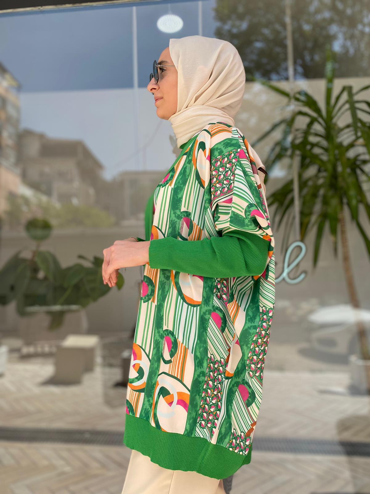 Tığ Triko Geometrik Desen Kumaş Detaylı Rayon Benetton Tunik 21454
